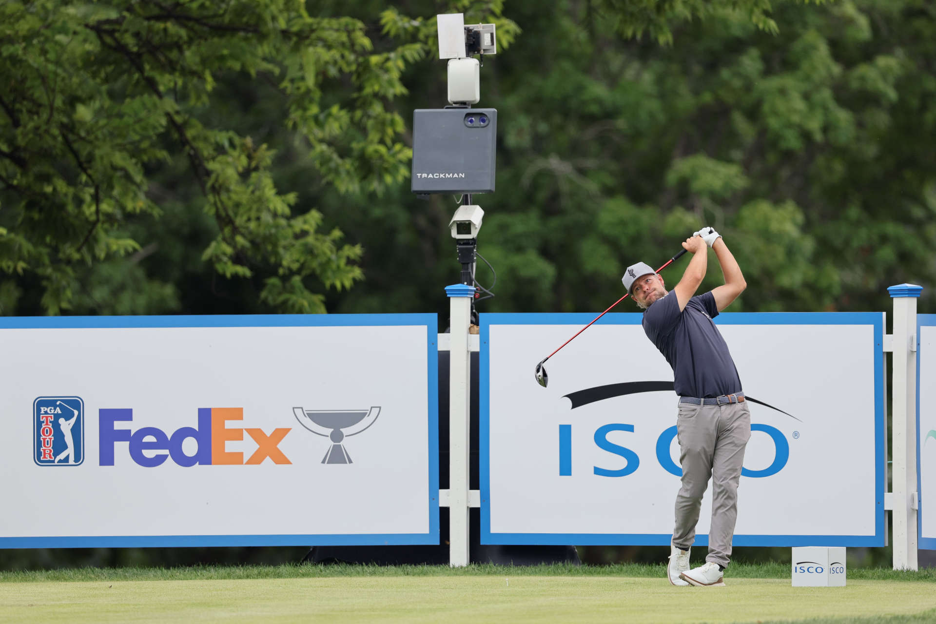 NICHOLASVILLE, KENTUCKY - JULY 11: Ryan Moore of the United States plays his shot from the first tee during the first round of the Kentucky Championship at Keene Trace Golf Club on July 11, 2024 in Nicholasville, Kentucky. (Photo by Andy Lyons/Getty Images)