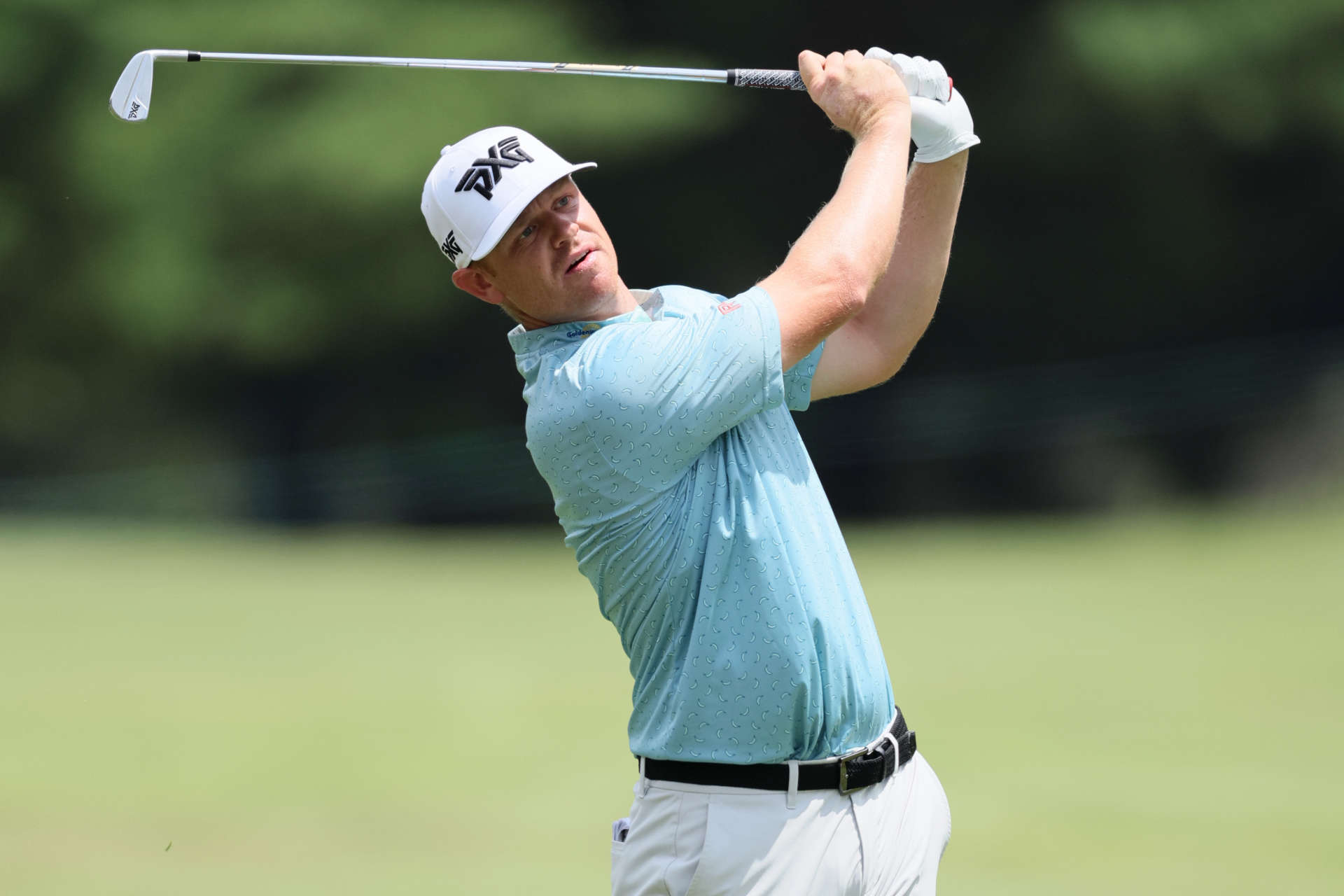 NICHOLASVILLE, KENTUCKY - JULY 11: Patrick Fishburn of the United States plays a shot on the 11th hole during the first round of the Kentucky Championship at Keene Trace Golf Club on July 11, 2024 in Nicholasville, Kentucky. (Photo by Andy Lyons/Getty Images)