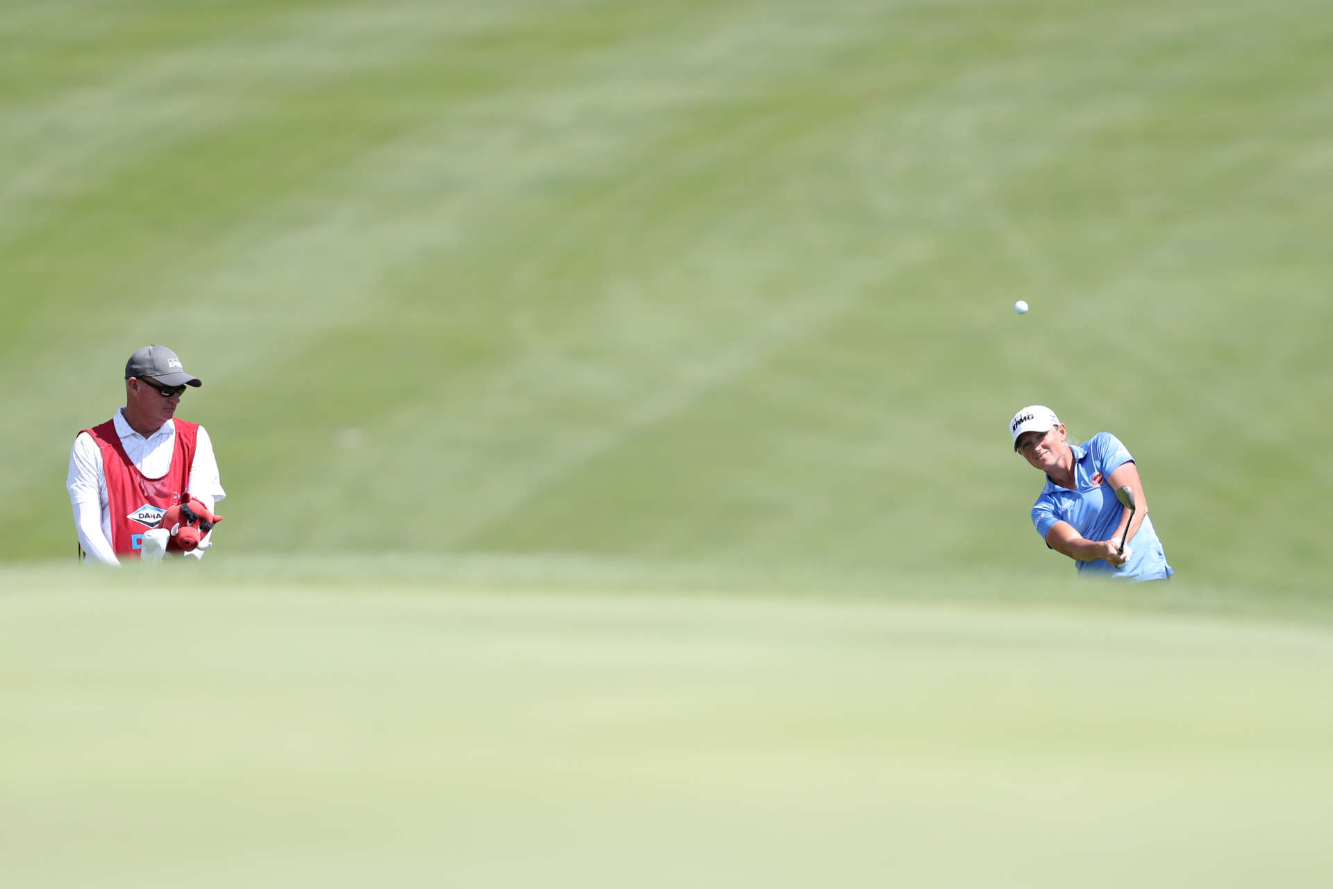 SYLVANIA, OHIO - JULY 19: Stacy Lewis of the United States plays a shot from a bunker on the 18th hole during the second round of the Dana Open at Highland Meadows Golf Club on July 19, 2024 in Sylvania, Ohio. (Photo by Raj Mehta/Getty Images)