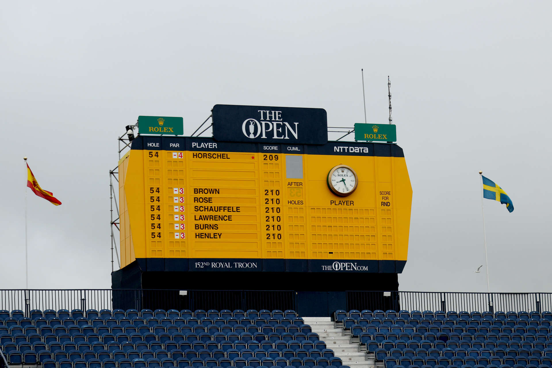 TROON, SCOTLAND - JULY 20: A general view of the scoreboard on the 18th green grandstand at the end of the days play during day three of The 152nd Open championship at Royal Troon on July 20, 2024 in Troon, Scotland. (Photo by Andrew Redington/Getty Images)