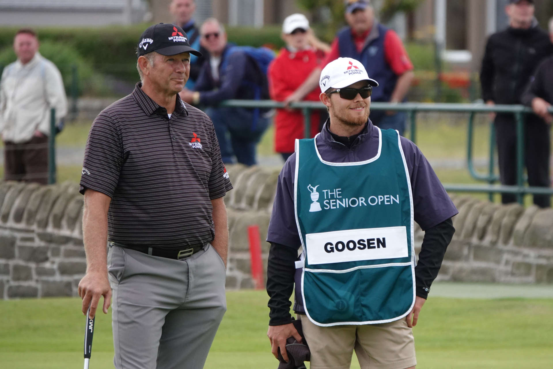 CARNOUSTIE, SCOTLAND - JULY 25: Retief Goosen of South Africa with his caddie during day one of the Senior Open Championship presented by Rolex at Carnoustie Golf Links on July 25, 2024 in Carnoustie, Scotland.  (Photo by Phil Inglis/Getty Images)