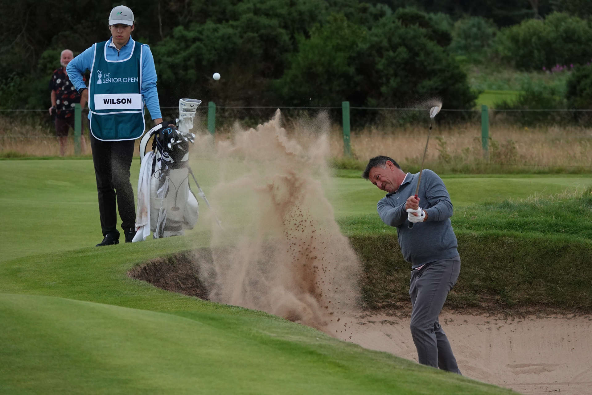CARNOUSTIE, SCOTLAND - JULY 25: Peter Wilson of England in action during day one of the Senior Open Championship presented by Rolex at Carnoustie Golf Links on July 25, 2024 in Carnoustie, Scotland.  (Photo by Phil Inglis/Getty Images)