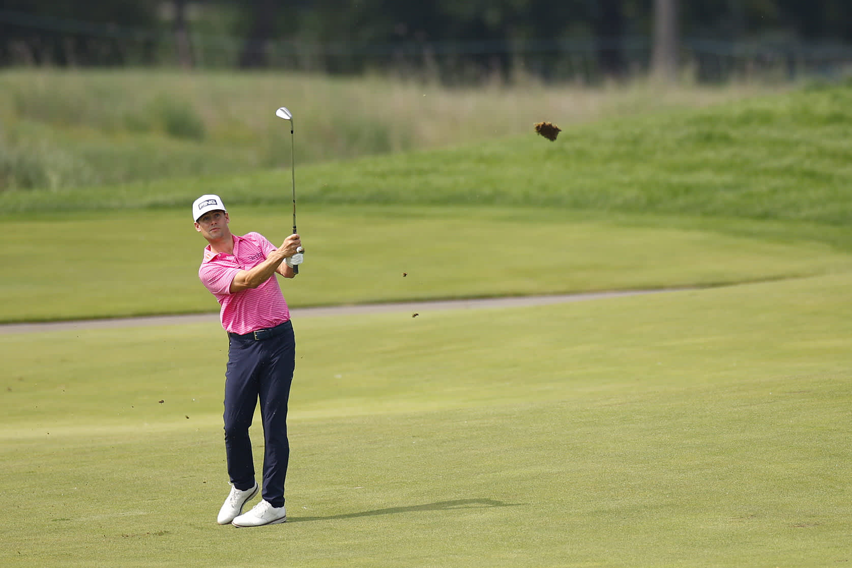 BLAINE, MINNESOTA - JULY 26: Taylor Moore of the United States plays a shot on the ninth hole during the second round of the 3M Open at TPC Twin Cities on July 26, 2024 in Blaine, Minnesota. (Photo by Mike Ehrmann/Getty Images)