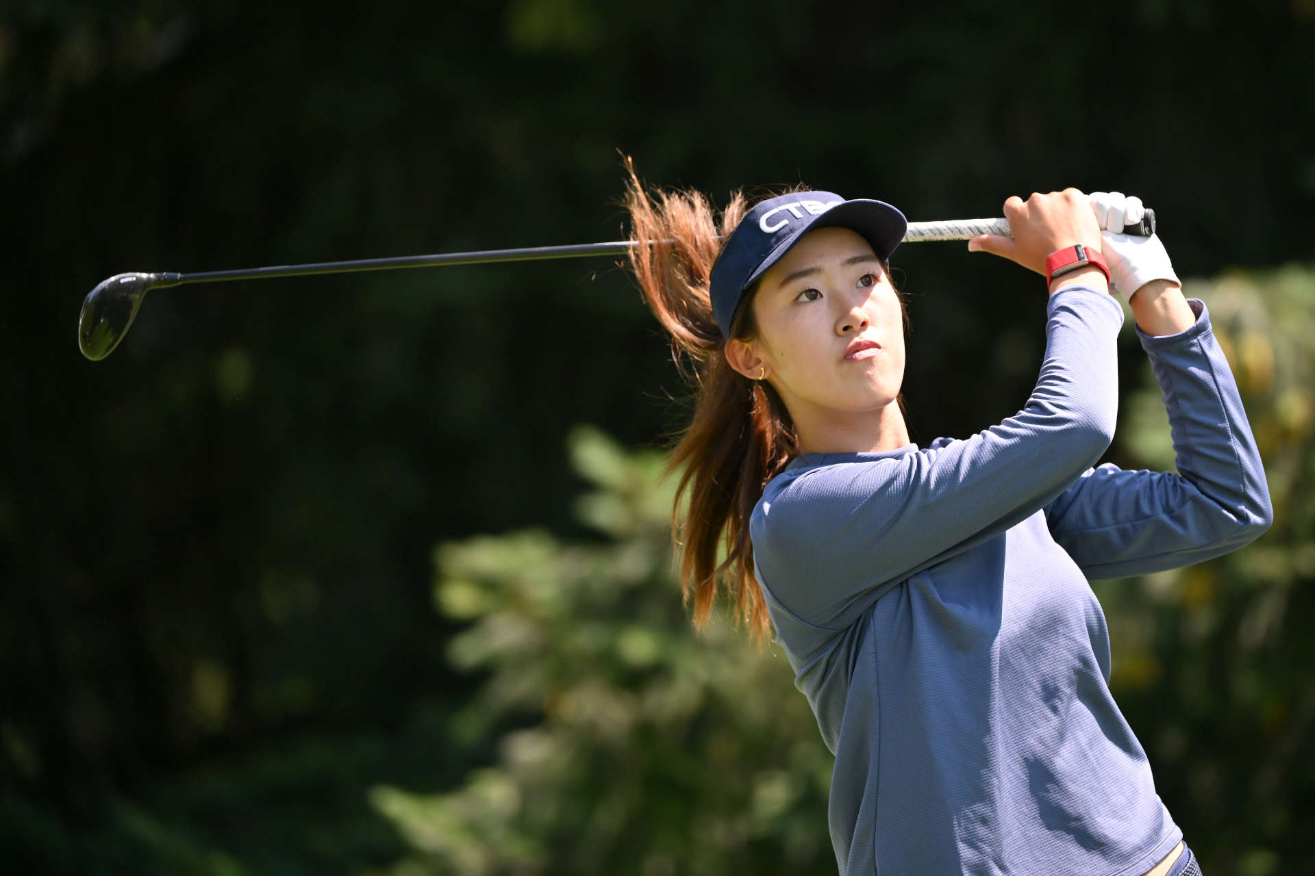 PORTLAND, OREGON - AUGUST 01: Xiaowen Yin of China plays her shot from the 14th tee during the first round of the Portland Classic at Columbia Edgewater Country Club on August 01, 2024 in Portland, Oregon. (Photo by Alika Jenner/Getty Images)
