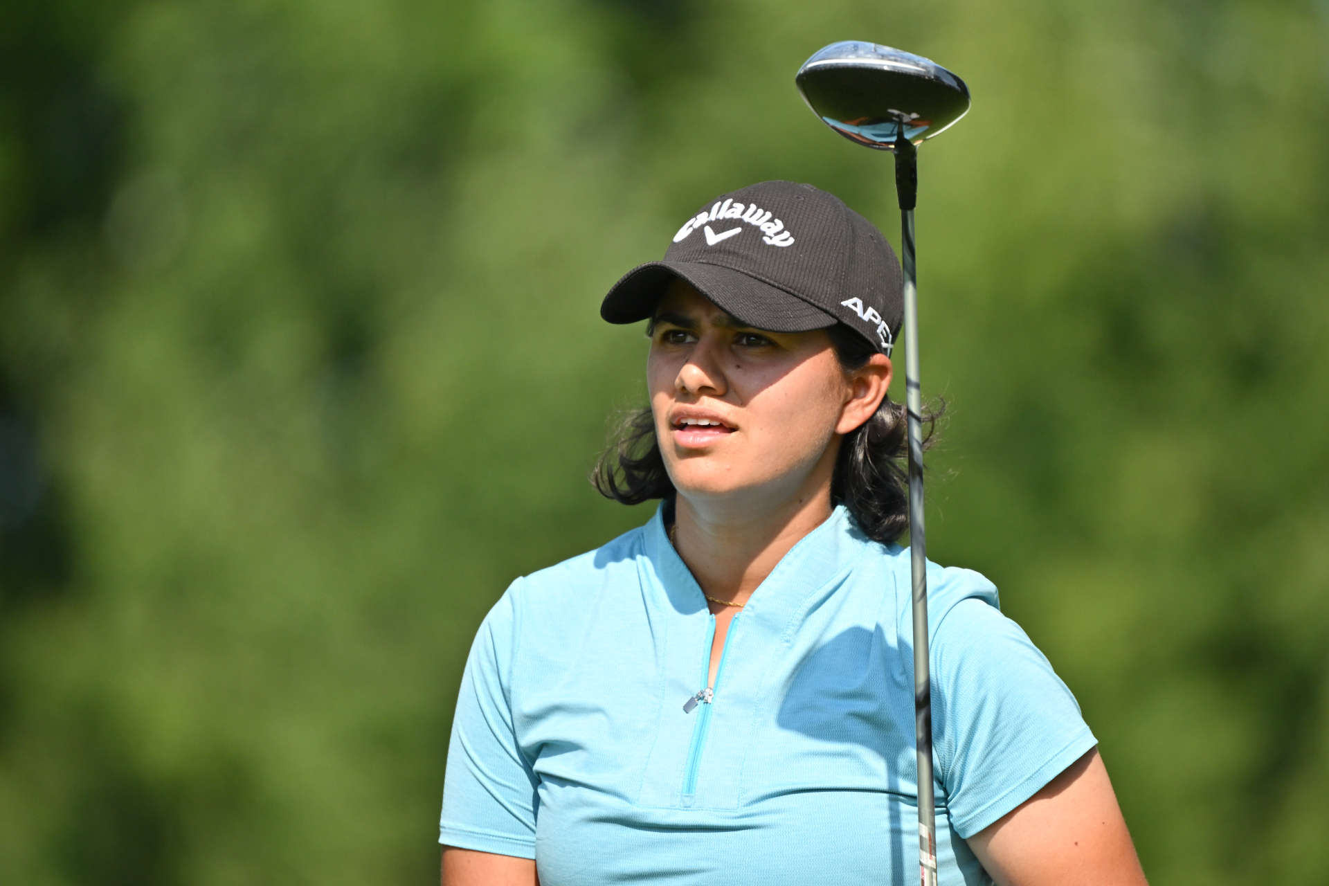 PORTLAND, OREGON - AUGUST 01: Hira Naveed of Australia plays her shot from the 14th tee during the first round of the Portland Classic at Columbia Edgewater Country Club on August 01, 2024 in Portland, Oregon. (Photo by Alika Jenner/Getty Images)