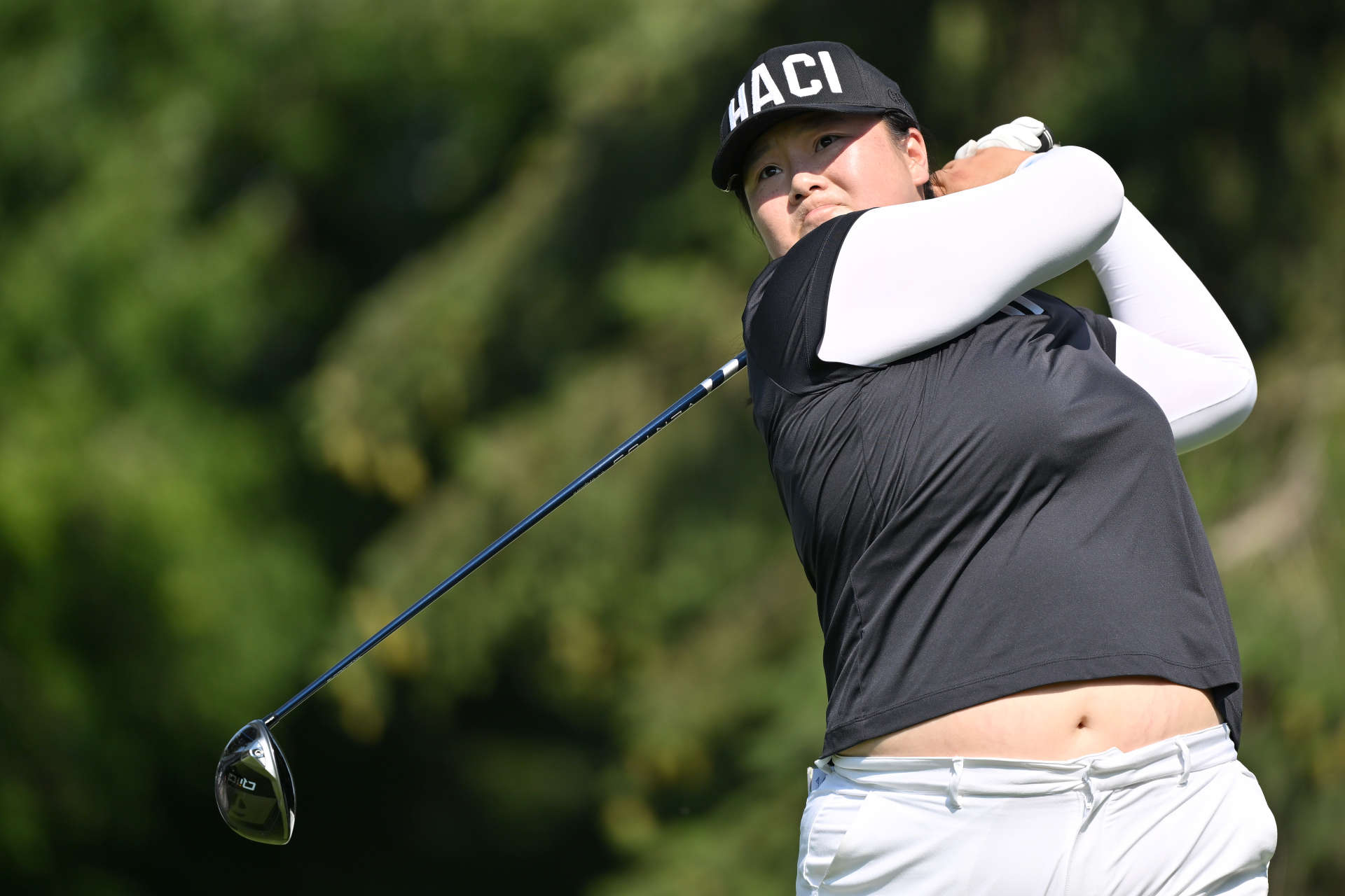 PORTLAND, OREGON - AUGUST 01: Angel Yin of the United States plays his shot from the 14th tee during the first round of the Portland Classic at Columbia Edgewater Country Club on August 01, 2024 in Portland, Oregon. (Photo by Alika Jenner/Getty Images)