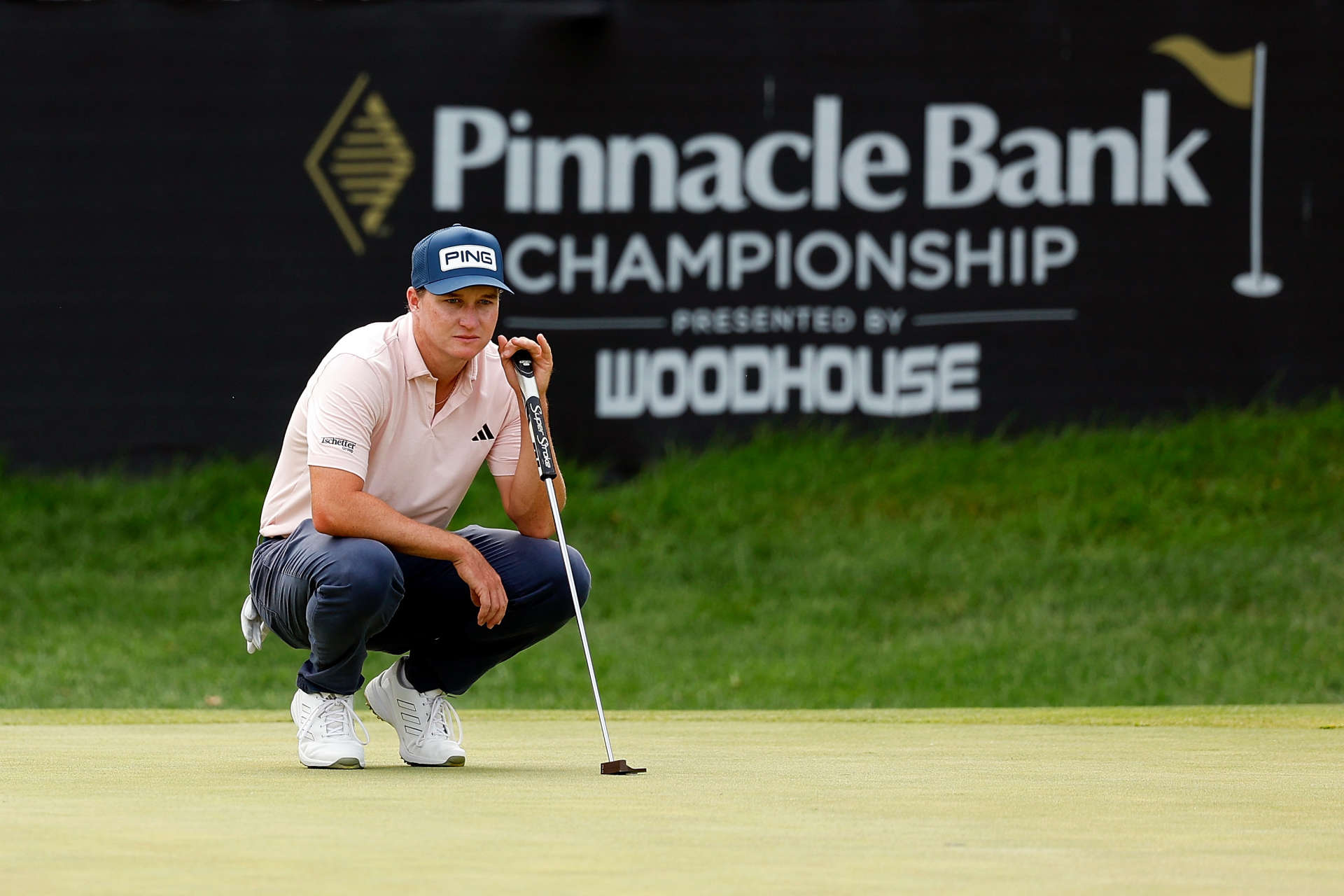 OMAHA, NEBRASKA - AUGUST 10: Matt McCarty of the United States lines up a putt on the 18th hole during the third round of the Pinnacle Bank Championship presented by Woodhouse at The Club at Indian Creek on August 10, 2024 in Omaha, Nebraska. (Photo by David Berding/Getty Images)