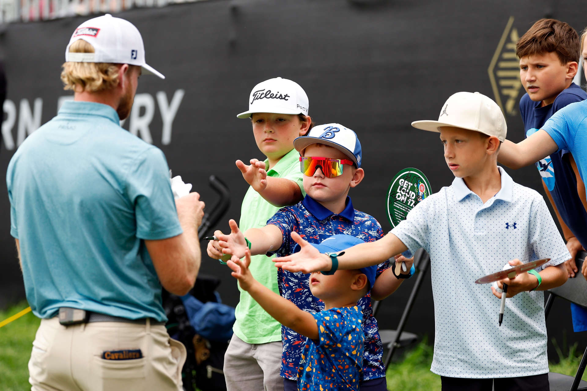 OMAHA, NEBRASKA - AUGUST 10: Fans ask for an autograph from Danny Walker of the United States on the 18th hole during the third round of the Pinnacle Bank Championship presented by Woodhouse at The Club at Indian Creek on August 10, 2024 in Omaha, Nebraska. (Photo by David Berding/Getty Images)