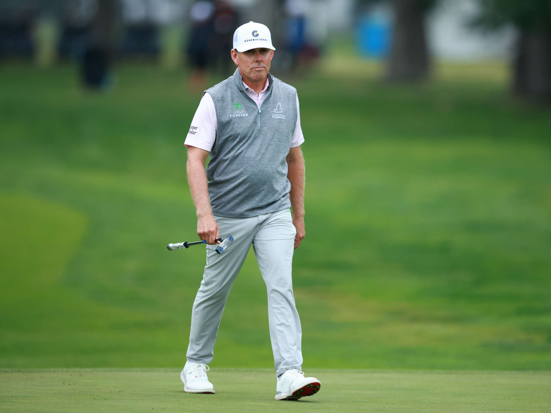 CALGARY, CANADA - AUGUST 16:  Justin Leonard of the United States walks onto the 6th green during the first round of the Rogers Charity Classic at Canyon Meadows Golf & CC on August 16, 2024 in Calgary, Alberta, Canada.  (Photo by Vaughn Ridley/Getty Images)