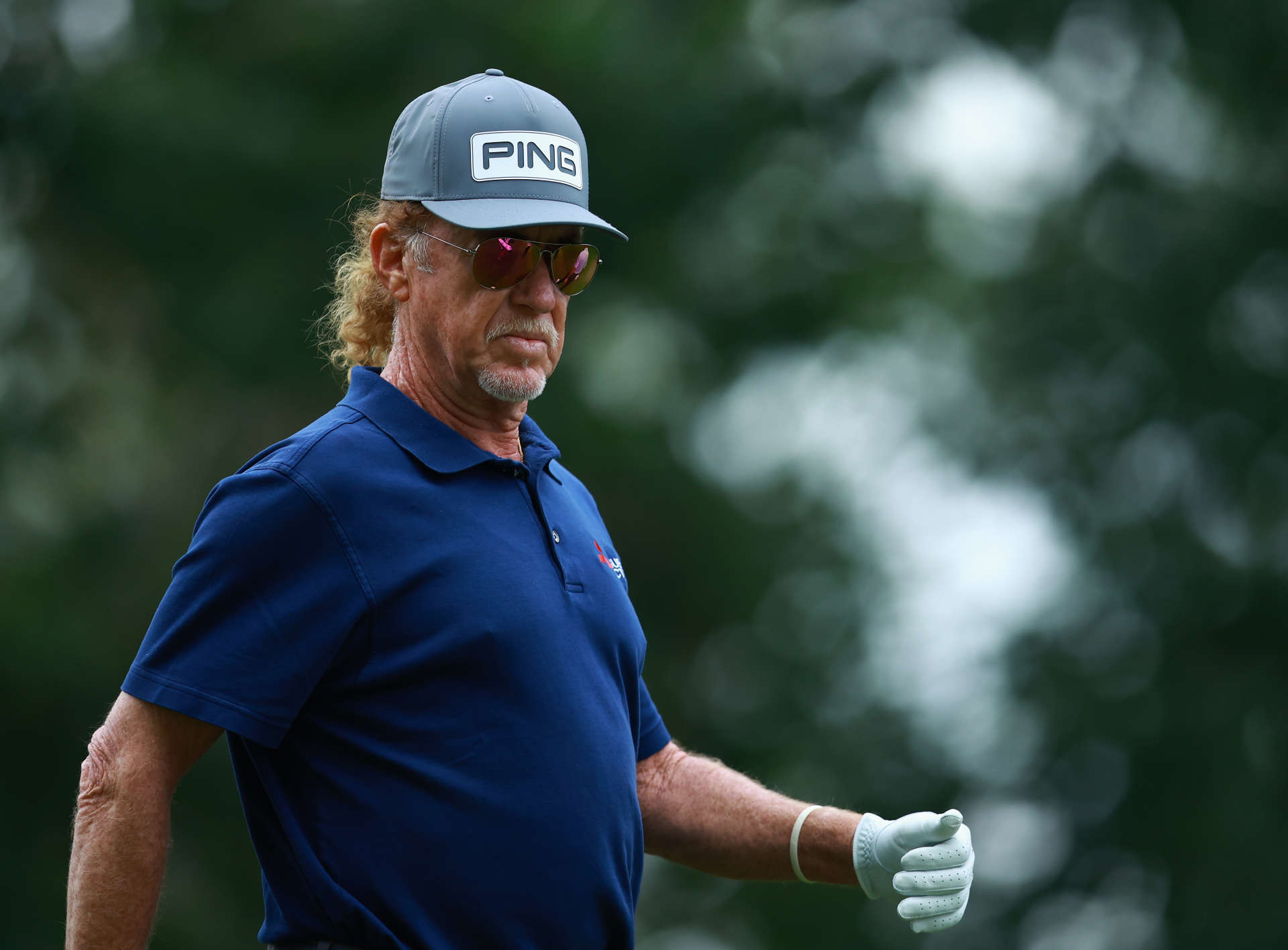 CALGARY, CANADA - AUGUST 16:  Miguel Angel Jimenez of Spain walks off the seventh tee during the first round of the Rogers Charity Classic at Canyon Meadows Golf & CC on August 16, 2024 in Calgary, Alberta, Canada.  (Photo by Vaughn Ridley/Getty Images)