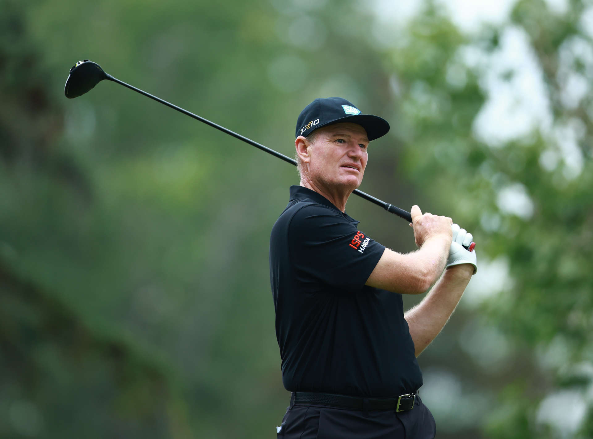 CALGARY, CANADA - AUGUST 16:  Ernie Els of South Africa hits his tee shot on the seventh hole during the first round of the Rogers Charity Classic at Canyon Meadows Golf & CC on August 16, 2024 in Calgary, Alberta, Canada.  (Photo by Vaughn Ridley/Getty Images)