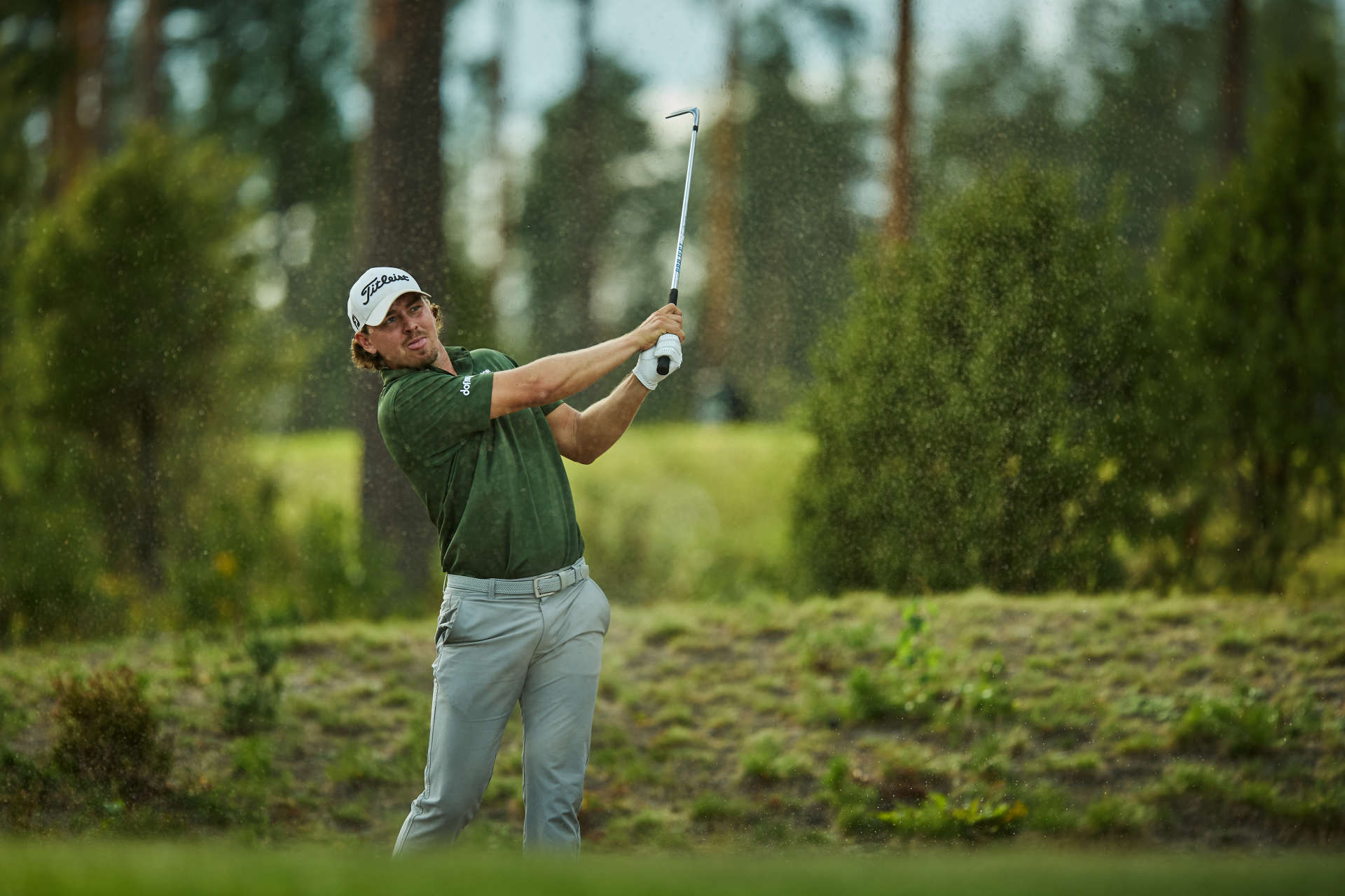 VIERUMAKI, FINLAND - AUGUST 17: Oliver Gillberg of Sweden plays from a bunker on day three of the Vierumaki Finnish Challenge supported by Finnish Golf Union 2024 at Vierumäki Resort on August 17, 2024 in Vierumaki, Finland. (Photo by Joosep Martinson/Getty Images)