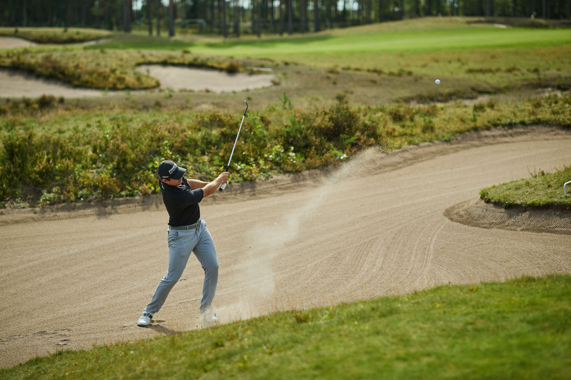 VIERUMAKI, FINLAND - AUGUST 17: Jeremy Freiburghaus of Switzerland plays from the bunke on day three of the Vierumaki Finnish Challenge supported by Finnish Golf Union 2024 at Vierumäki Resort on August 17, 2024 in Vierumaki, Finland. (Photo by Joosep Martinson/Getty Images)