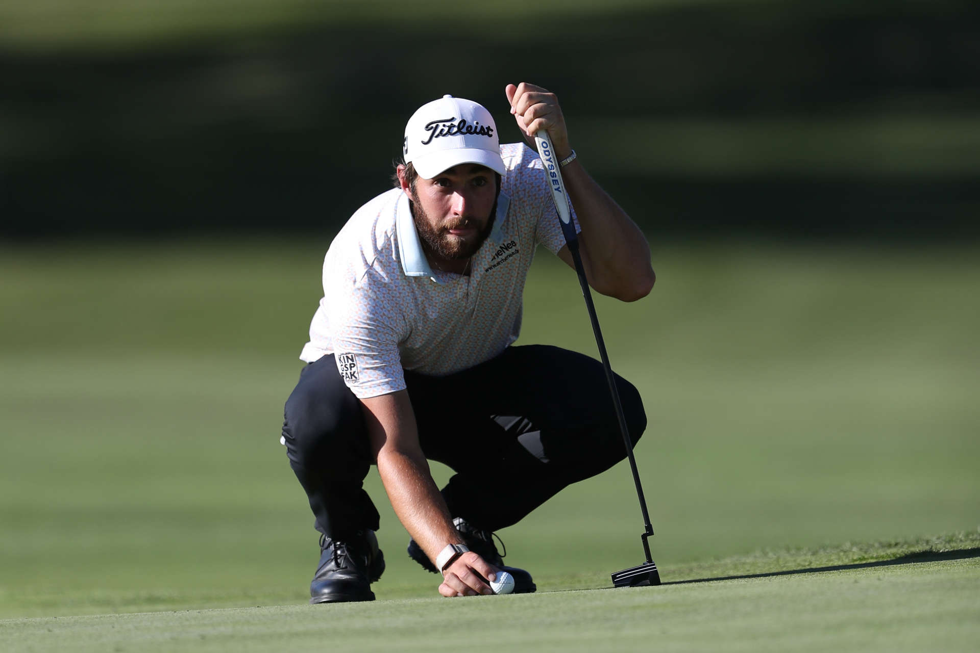 COLUMBUS, OHIO - SEPTEMBER 21: Thomas Rosenmueller of Germany lines up his putt on the 18th green during the third round of the Nationwide Children's Hospital Championship 2024 at Ohio State University Golf Club on September 21, 2024 in Columbus, Ohio. (Photo by Raj Mehta/Getty Images)