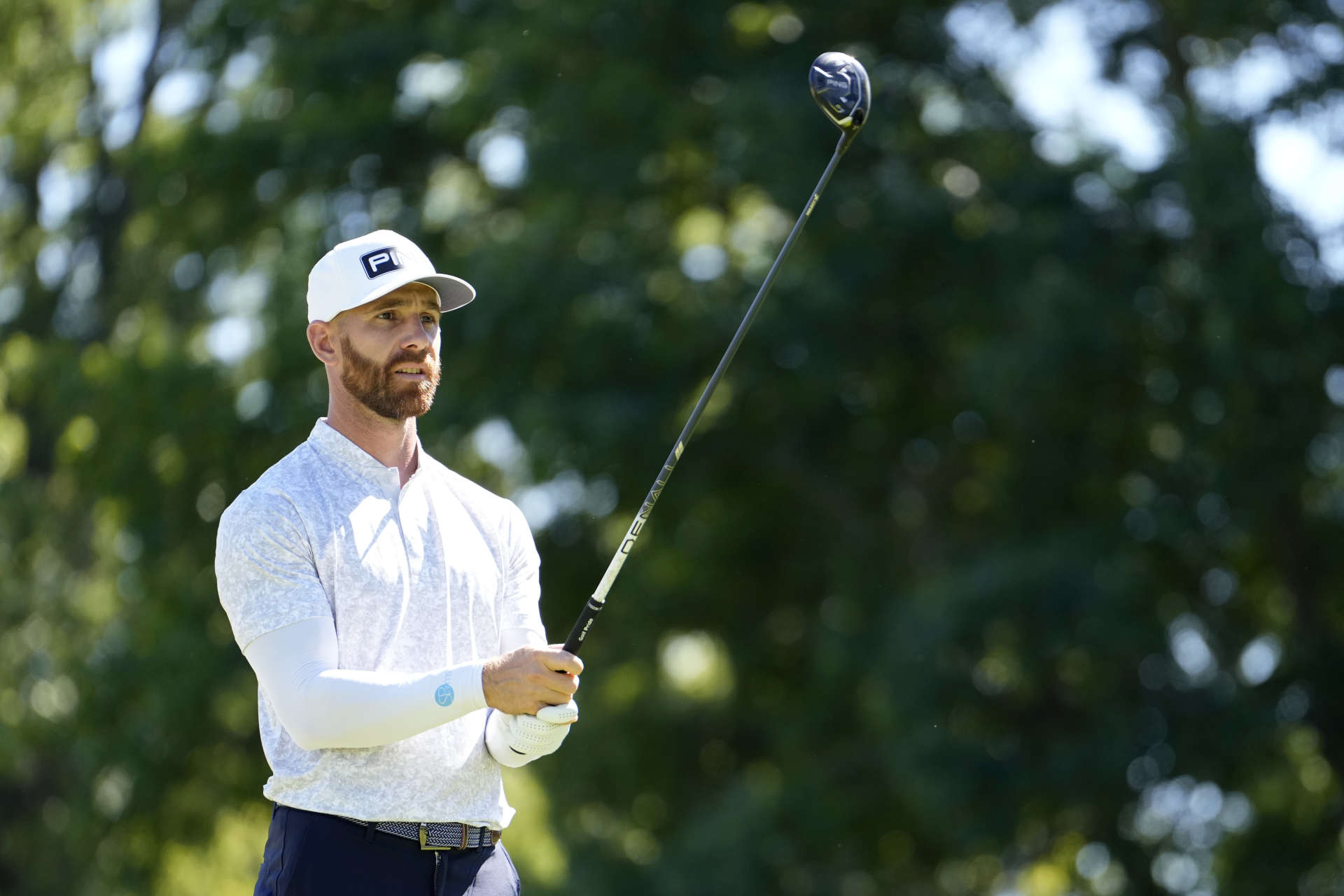 COLUMBUS, OHIO - SEPTEMBER 21: Tano Goya of Argentina lines up  his shot from the third tee during the third round of the Nationwide Children's Hospital Championship 2024 at Ohio State University Golf Club on September 21, 2024 in Columbus, Ohio. (Photo by Raj Mehta/Getty Images)