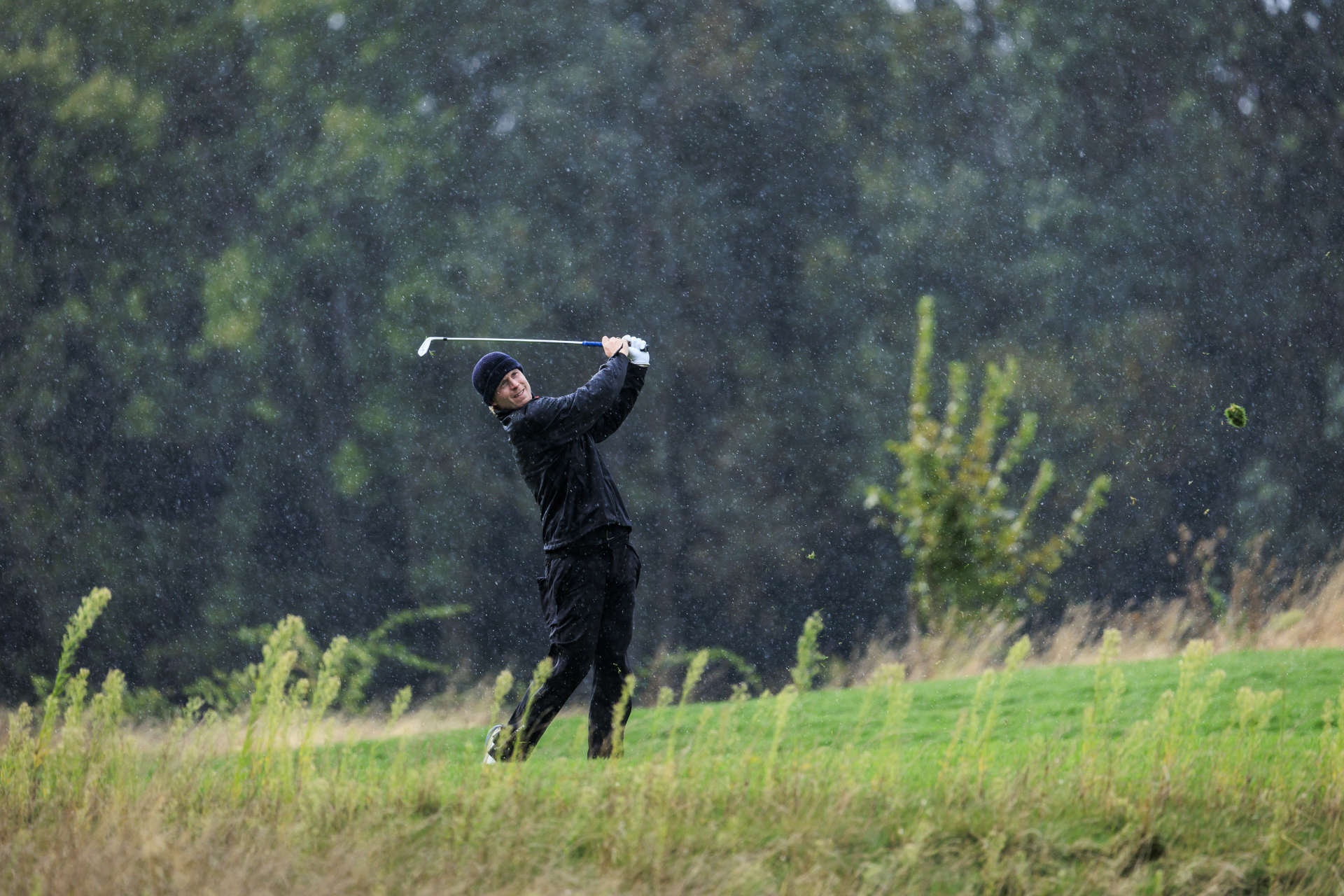 FOLGENSBOURG, FRANCE - SEPTEMBER 27: Jeppe Kristian Andersen of Denmark plays his second shot on the twelfth hole on day two of the Swiss Challenge 2024 at Golf Saint Apollinaire on September 27, 2024 in Folgensbourg, France. (Photo by Jan Hetfleisch/Getty Images)