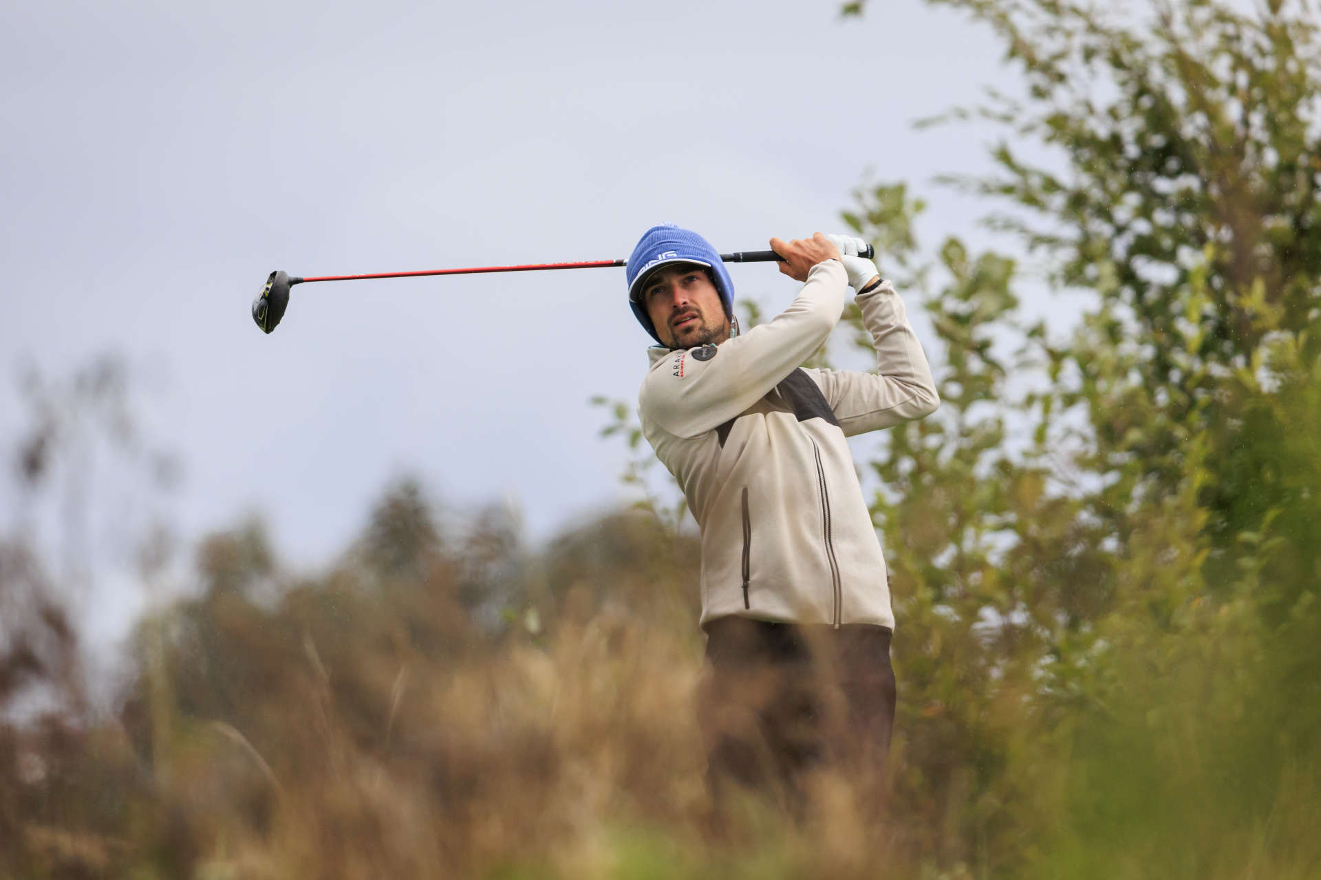 FOLGENSBOURG, FRANCE - SEPTEMBER 27: Quim Vidal of Spain tees off at the fourteenth tee on day two of the Swiss Challenge 2024 at Golf Saint Apollinaire on September 27, 2024 in Folgensbourg, France. (Photo by Jan Hetfleisch/Getty Images)
