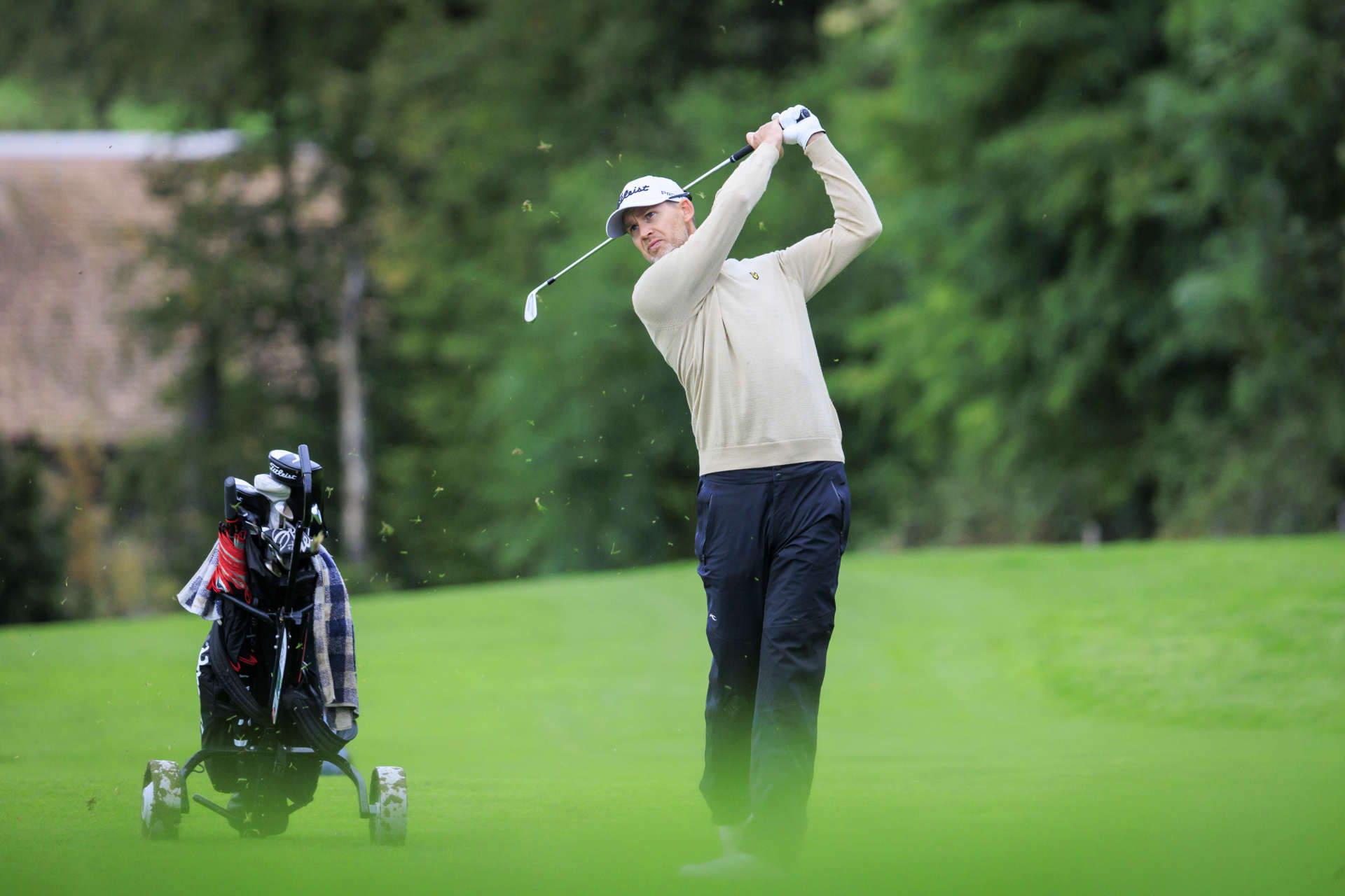 FOLGENSBOURG, FRANCE - SEPTEMBER 27: Niklas Lemke of Sweden plays his second shot on the sixteenth hole on day two of the Swiss Challenge 2024 at Golf Saint Apollinaire on September 27, 2024 in Folgensbourg, France. (Photo by Jan Hetfleisch/Getty Images)