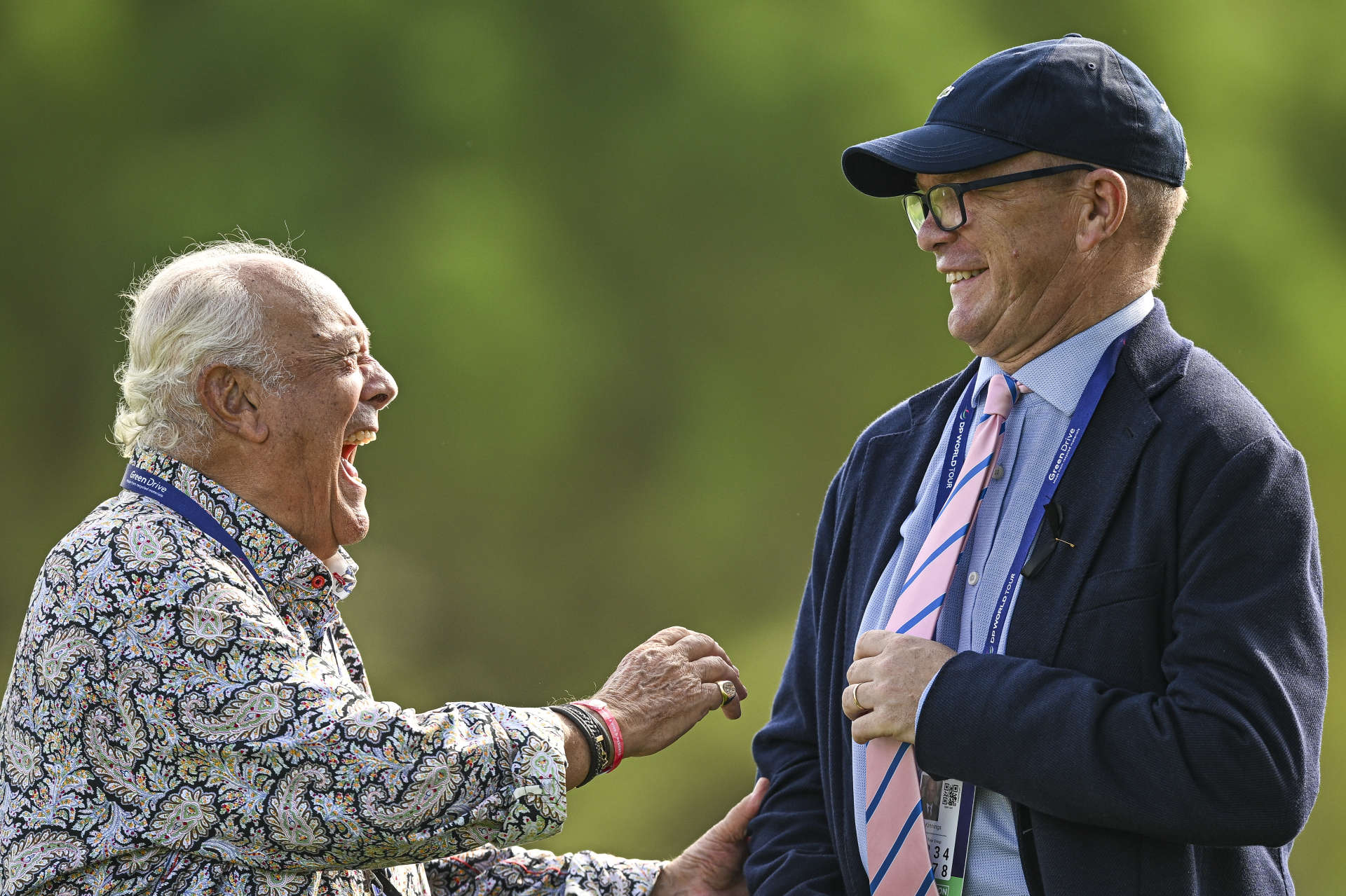 ALCUDIA, SPAIN - NOVEMBER 3: Guy Kinnings (R), the European Tour Group's Chief Executive and Angel Gallardo (L), European Tour Ambassador on day four of the Rolex Challenge Tour Grand Final supported by the R&A 2024 at Club de Golf Alcanada on November 3, 2024 in Port d'Alcudia, Spain. (Photo by Octavio Passos/Getty Images)