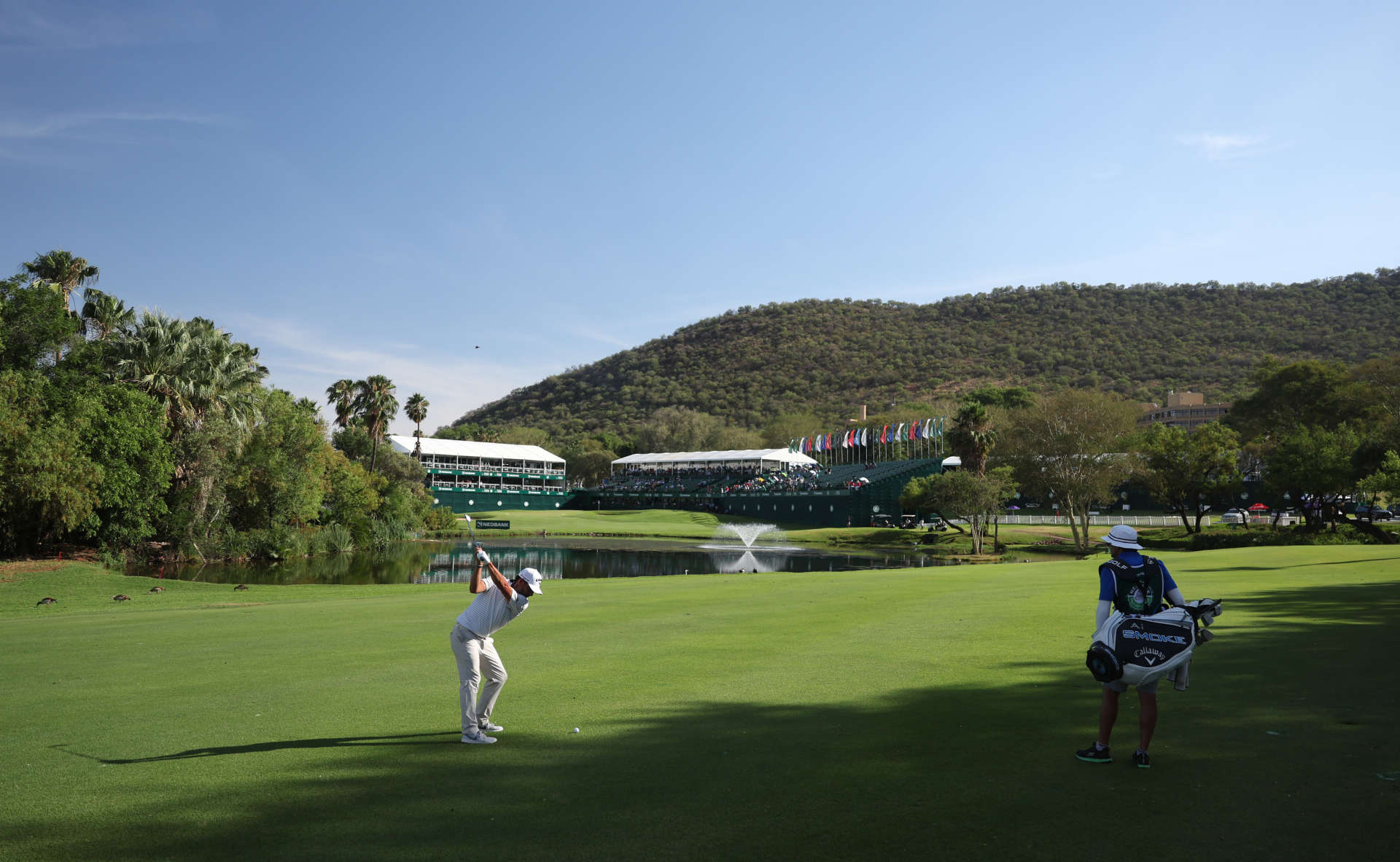 SUN CITY, SOUTH AFRICA - DECEMBER 06: Pablo Larrazabal of Spain plays his second shot on the 18th hole on Day Two of the Nedbank Golf Challenge 2025 at Gary Player CC on December 06, 2024 in Sun City, South Africa. (Photo by Warren Little/Getty Images)