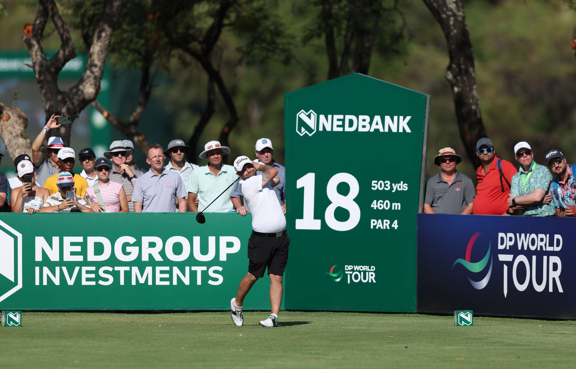 SUN CITY, SOUTH AFRICA - DECEMBER 06: Andy Sullivan of England tees off on the 18th hole on Day Two of the Nedbank Golf Challenge 2025 at Gary Player CC on December 06, 2024 in Sun City, South Africa. (Photo by Warren Little/Getty Images)