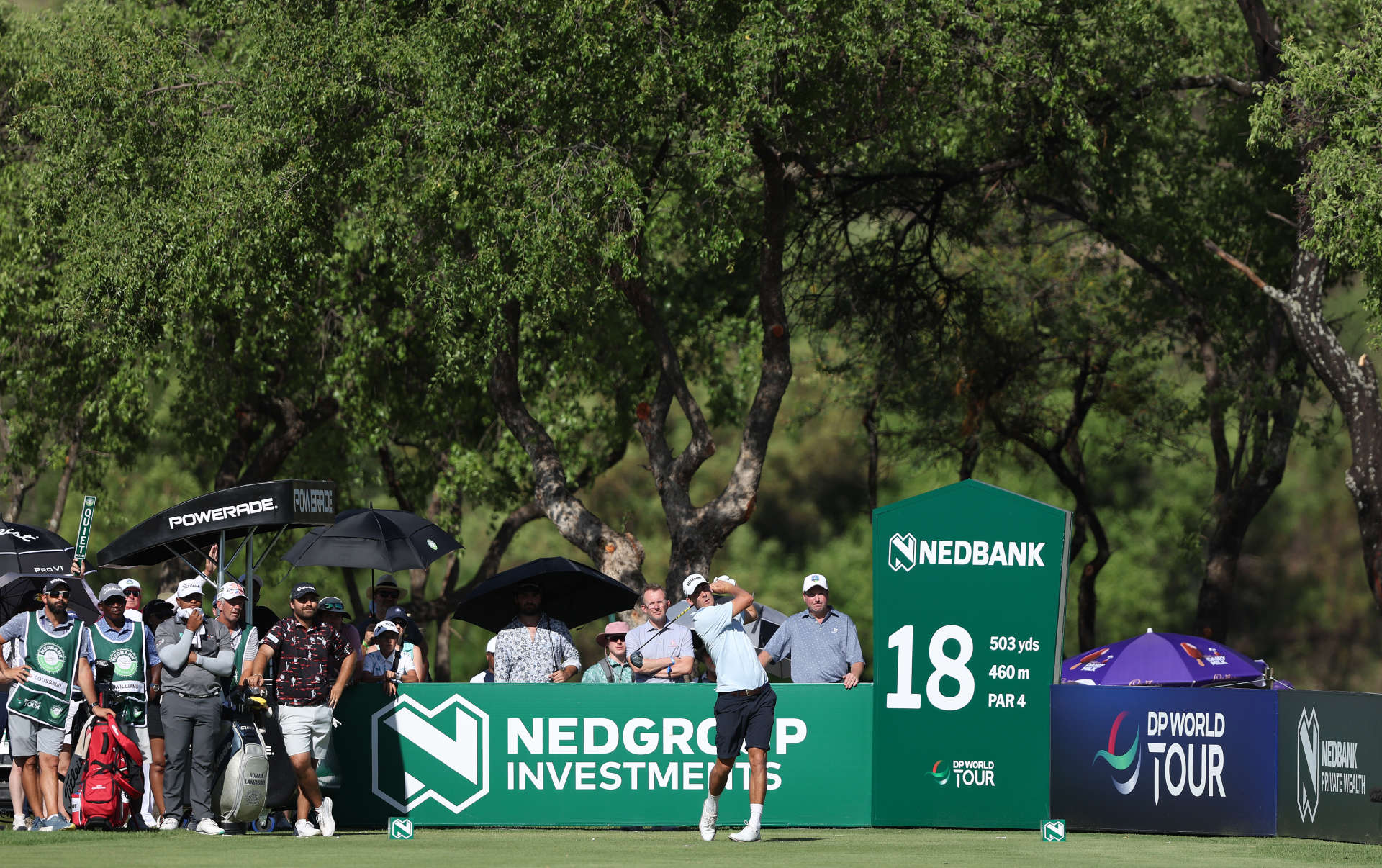 SUN CITY, SOUTH AFRICA - DECEMBER 06: Ugo Coussaud of France tees off on the 18th hole on Day Two of the Nedbank Golf Challenge 2025 at Gary Player CC on December 06, 2024 in Sun City, South Africa. (Photo by Warren Little/Getty Images)