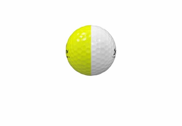 Der Z-Star Divide, zeichnet sich durch sein zweifarbiges 50/50-Design aus, das eine verbesserte Sichtbarkeit bietet. Der Farbkontrast unterstützt dabei, den Spin des Balles besser einzuschätzen und die Ausrichtung auf dem Grün zu optimieren. (Foto: Srixon)