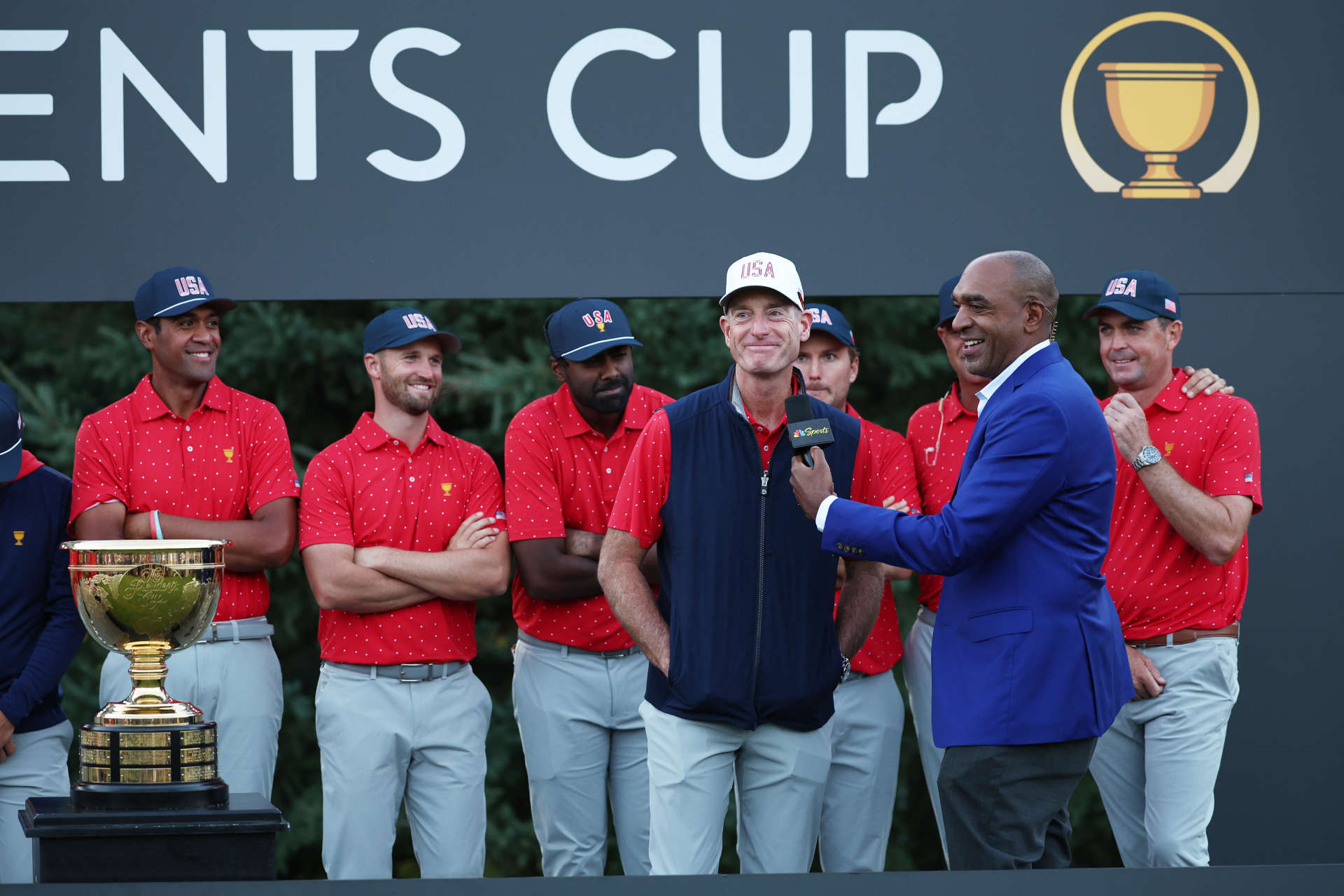 MONTREAL, QUEBEC - SEPTEMBER 29: Team Captain Jim Furyk and U.S. team players look on during the trophy presentation following during Sunday Singles on day four of the 2024 Presidents Cup at The Royal Montreal Golf Club on September 29, 2024 in Montreal, Quebec, Canada. (Photo by Jared C. Tilton/Getty Images)
