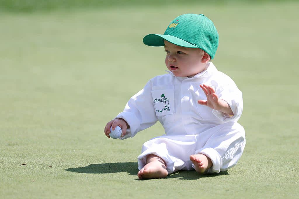 AUGUSTA, GEORGIA - APRIL 09: Leo Straka, son of Sepp Straka of Austria, holds a ballduring the Par Three Contest prior to the 2025 Masters Tournament at Augusta National Golf Club on April 09, 2025 in Augusta, Georgia. (Photo by Andrew Redington/Getty Images)