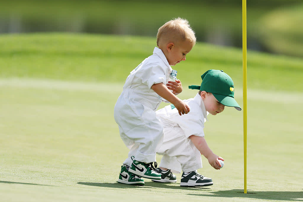 AUGUSTA, GEORGIA - APRIL 09: AJ, son of Adam Schenk of the United States, and Fritz, son of Stephan Jaeger of Germany, are seen during the Par Three Contest prior to the 2025 Masters Tournament at Augusta National Golf Club on April 09, 2025 in Augusta, Georgia. (Photo by Richard Heathcote/Getty Images)
