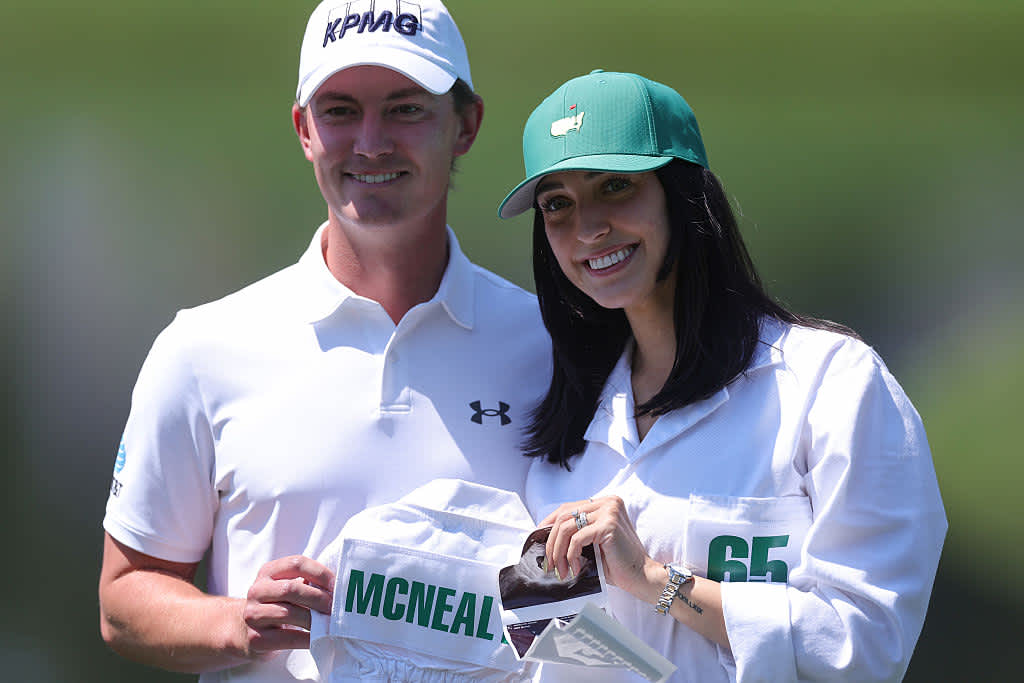 AUGUSTA, GEORGIA - APRIL 09: Maverick McNealy of the United States and his wife, Maya McNealy pose for a photo during the Par Three Contest prior to the 2025 Masters Tournament at Augusta National Golf Club on April 09, 2025 in Augusta, Georgia. (Photo by Andrew Redington/Getty Images)
