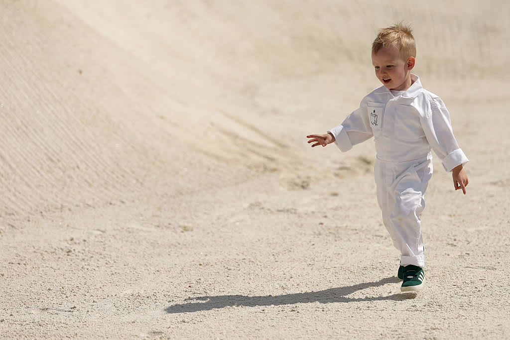 AUGUSTA, GEORGIA - APRIL 09: Son of Taylor Pendrith of Canada, Hayes Austin Pendrith, plays in a bunker during the Par Three Contest prior to the 2025 Masters Tournament at Augusta National Golf Club on April 09, 2025 in Augusta, Georgia. (Photo by Richard Heathcote/Getty Images)