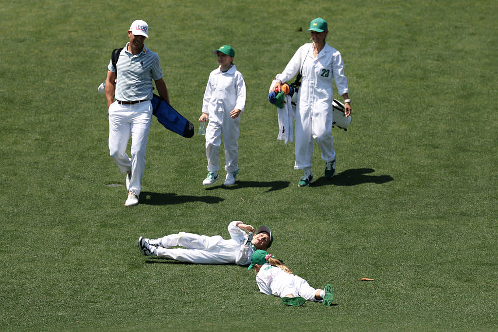 AUGUSTA, GEORGIA - APRIL 09: Billy Horschel of the United States watches as his children roll down the hill on the fourth hole during the Par Three Contest prior to the 2025 Masters Tournament at Augusta National Golf Club on April 09, 2025 in Augusta, Georgia. (Photo by Richard Heathcote/Getty Images)