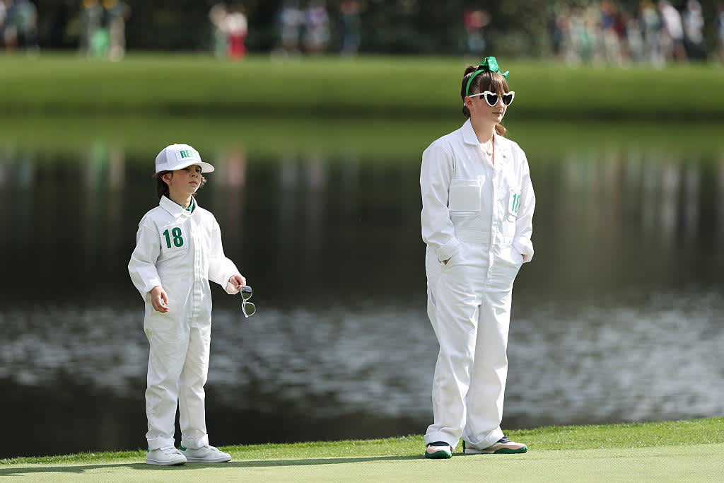 AUGUSTA, GEORGIA - APRIL 09: The children of Patrick Reed of the United States, Windsor-Wells Reed and Barrett Benjamin Reed look on during the Par Three Contest prior to the 2025 Masters Tournament at Augusta National Golf Club on April 09, 2025 in Augusta, Georgia. (Photo by Richard Heathcote/Getty Images)