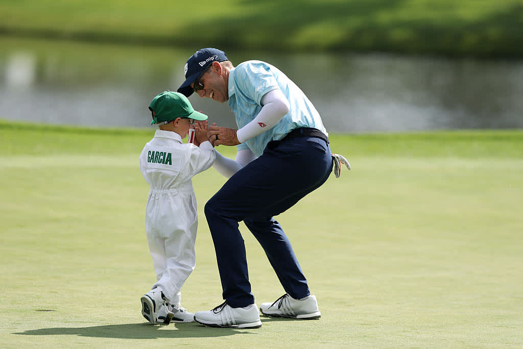 AUGUSTA, GEORGIA - APRIL 09: Sergio Garcia of Spain and son Enzo are seen during the Par Three Contest prior to the 2025 Masters Tournament at Augusta National Golf Club on April 09, 2025 in Augusta, Georgia. (Photo by Richard Heathcote/Getty Images)