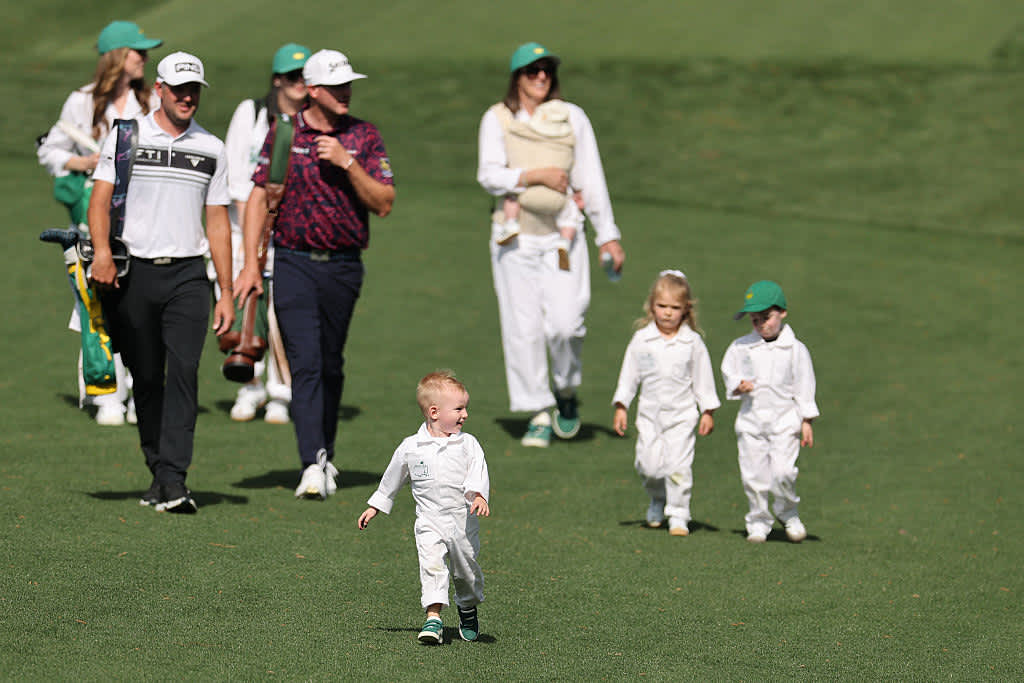 AUGUSTA, GEORGIA - APRIL 09: Son of Taylor Pendrith of Canada, Hayes Austin Pendrith, walks on course during the Par Three Contest prior to the 2025 Masters Tournament at Augusta National Golf Club on April 09, 2025 in Augusta, Georgia. (Photo by Michael Reaves/Getty Images)