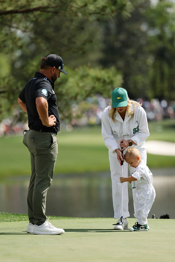 AUGUSTA, GEORGIA - APRIL 09: Stephan Jaeger of Germany 
watches his wife, Shelby Jaeger and their son, Harrison Fritz Jaeger, during the Par Three Contest prior to the 2025 Masters Tournament at Augusta National Golf Club on April 09, 2025 in Augusta, Georgia. (Photo by Richard Heathcote/Getty Images)