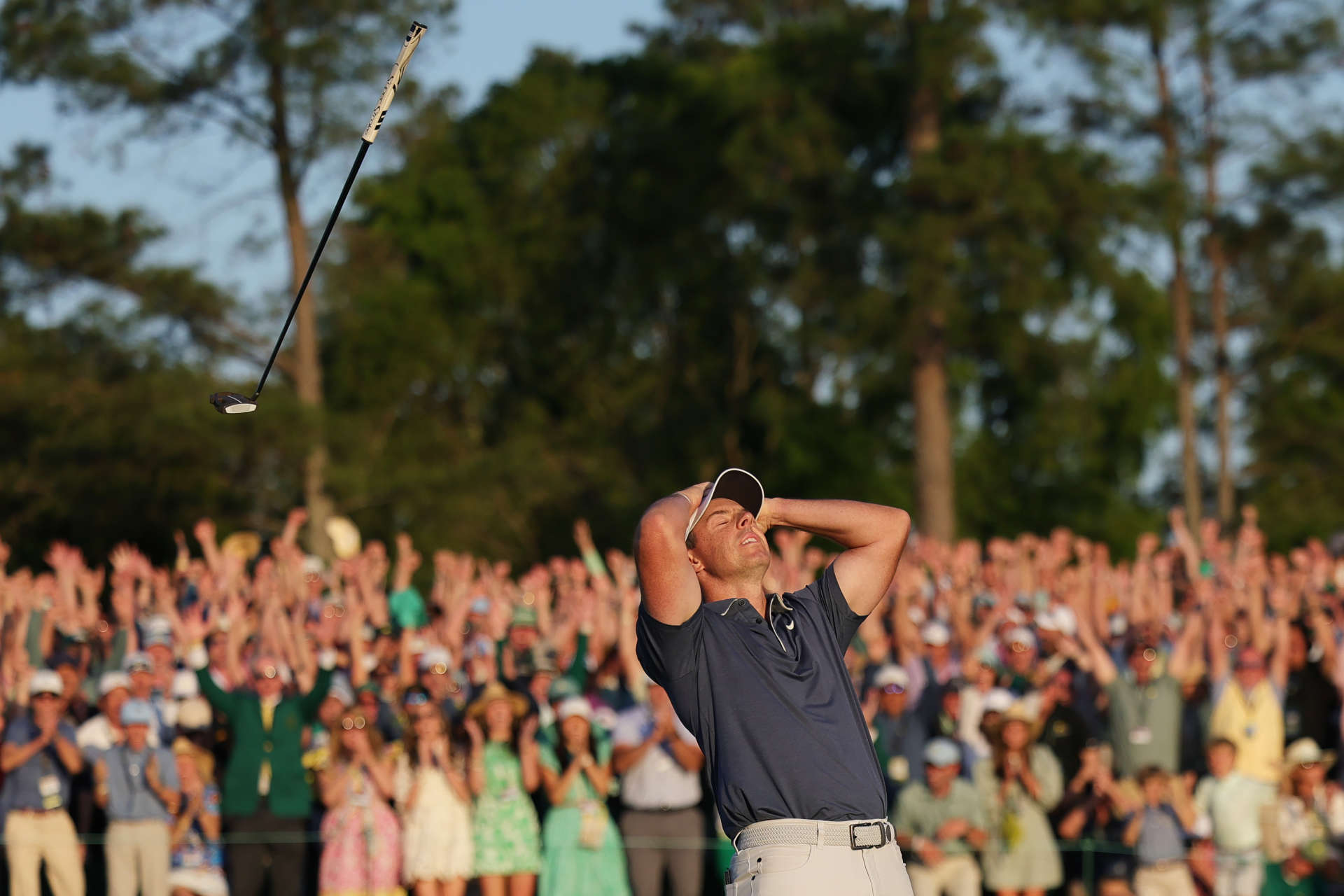 AUGUSTA, GEORGIA - APRIL 13: Rory McIlroy of Northern Ireland celebrates winning the 2025 Masters Tournament after the first playoff hole on the 18th green at Augusta National Golf Club on April 13, 2025 in Augusta, Georgia. (Photo by Andrew Redington/Getty Images)