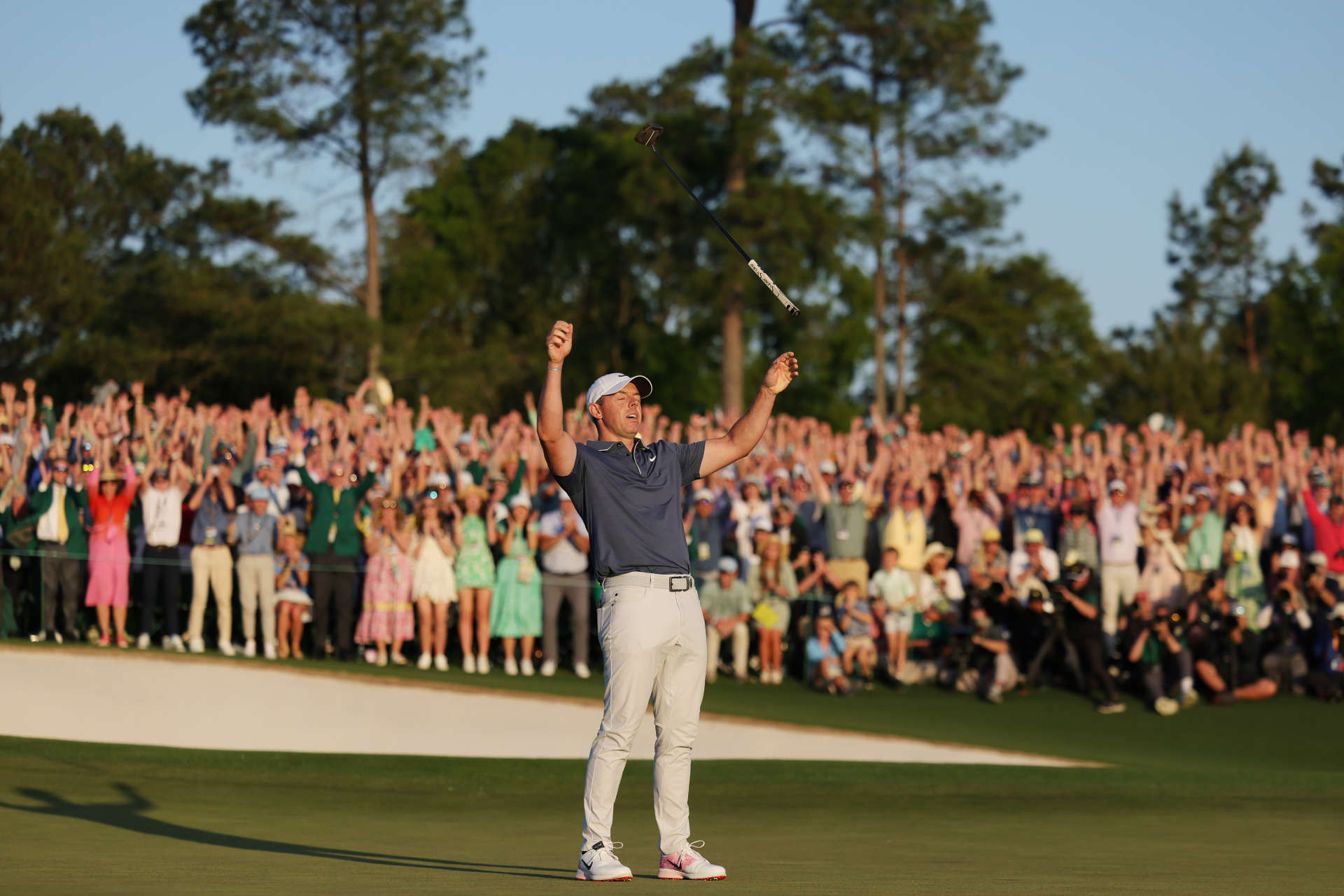AUGUSTA, GEORGIA - APRIL 13: Rory McIlroy of Northern Ireland celebrates winning the 2025 Masters Tournament after the first playoff hole on the 18th green at Augusta National Golf Club on April 13, 2025 in Augusta, Georgia. (Photo by Andrew Redington/Getty Images)