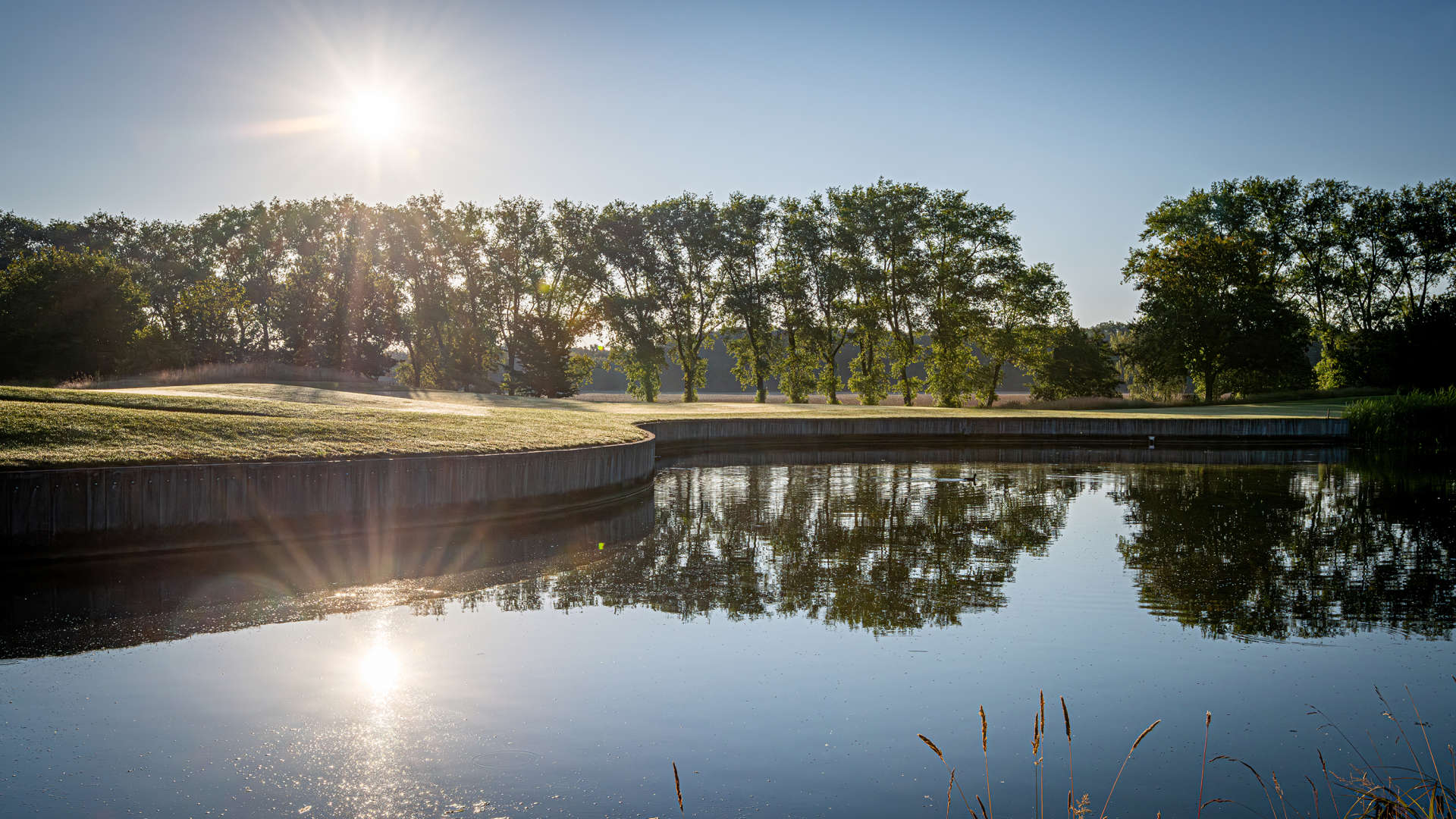 Blick auf die gepflegten Fairways und Grüns auf unserem 18-Loch-Platzim Golf Gut Glinde – perfekt für golfbegeisterte Spieler in Hamburg - Hier zu sehen: Bahn 9