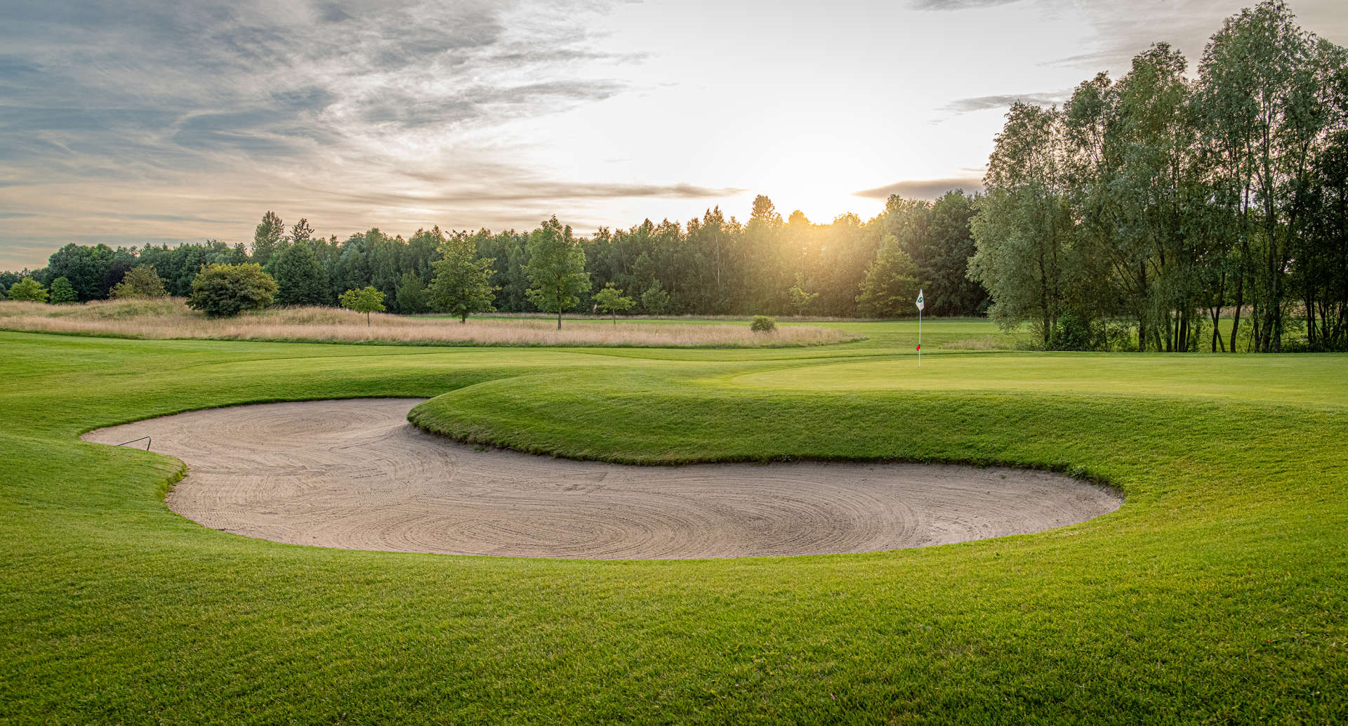 Ansicht des Grüns der Bahn 9 auf unserem 9-Loch-Platz mit top gepflegten Grüns und Fairway, ideal für Einsteiger und erfahrene Golfer in Hamburg.