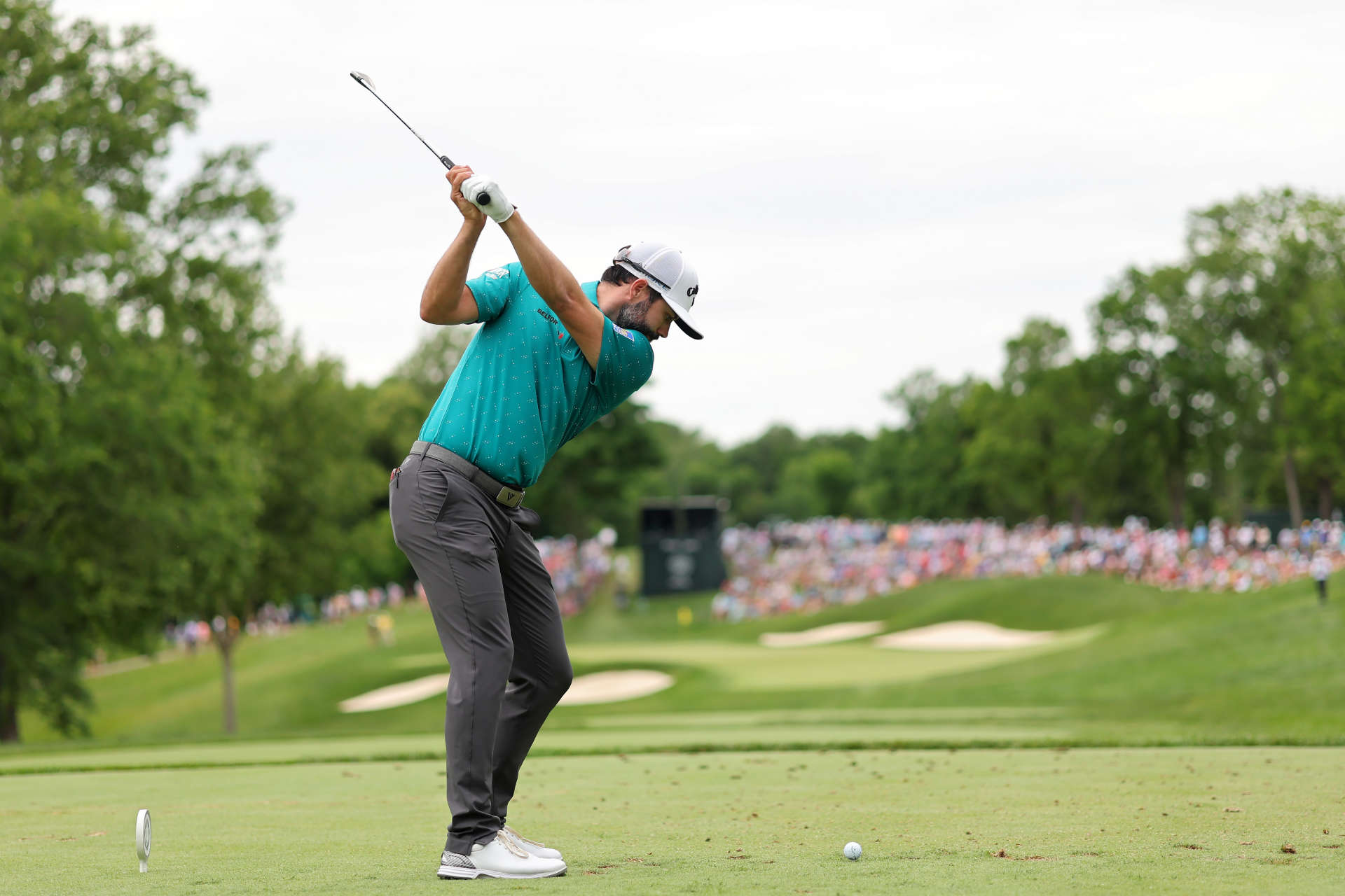 DUBLIN, OHIO - JUNE 08: Adam Hadwin of Canada plays his shot from the fourth tee during the third round of the Memorial Tournament presented by Workday at Muirfield Village Golf Club on June 08, 2024 in Dublin, Ohio. (Photo by Michael Reaves/Getty Images)