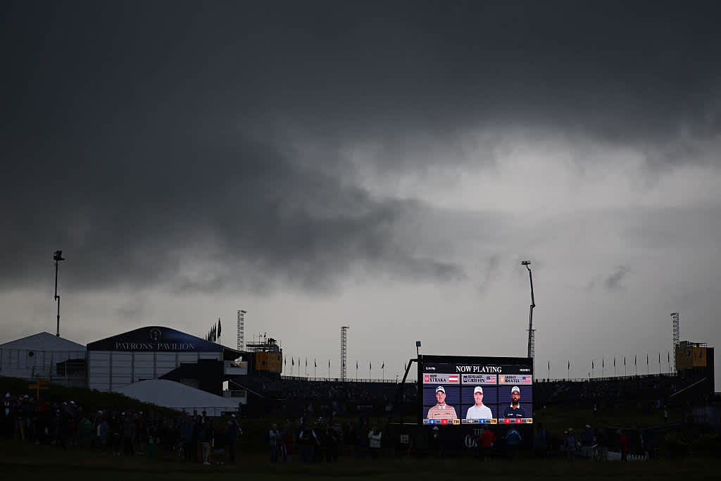 TOPSHOT - Rain clouds sweep over the course on day two of the 153rd Open Championship at Royal Portrush golf club in Northern Ireland on July 18, 2025. (Photo by HENRY NICHOLLS / AFP) / RESTRICTED TO EDITORIAL USE (Photo by HENRY NICHOLLS/AFP via Getty Images)