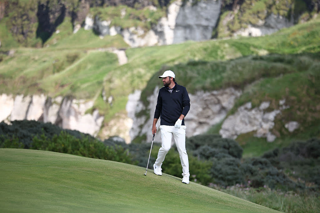 US golfer Scottie Scheffler on the 5th green on day three of the 153rd Open Championship at Royal Portrush golf club in Northern Ireland on July 19, 2025. (Photo by HENRY NICHOLLS / AFP) / RESTRICTED TO EDITORIAL USE (Photo by HENRY NICHOLLS/AFP via Getty Images)
