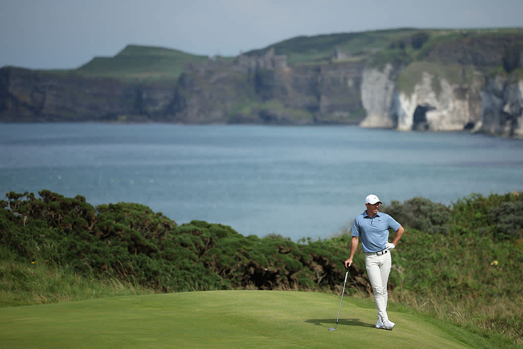 Northern Ireland's Rory McIlroy waits on the 5th green on day four of the 153rd Open Championship at Royal Portrush golf club in Northern Ireland on July 20, 2025. (Photo by HENRY NICHOLLS / AFP) / RESTRICTED TO EDITORIAL USE (Photo by HENRY NICHOLLS/AFP via Getty Images)