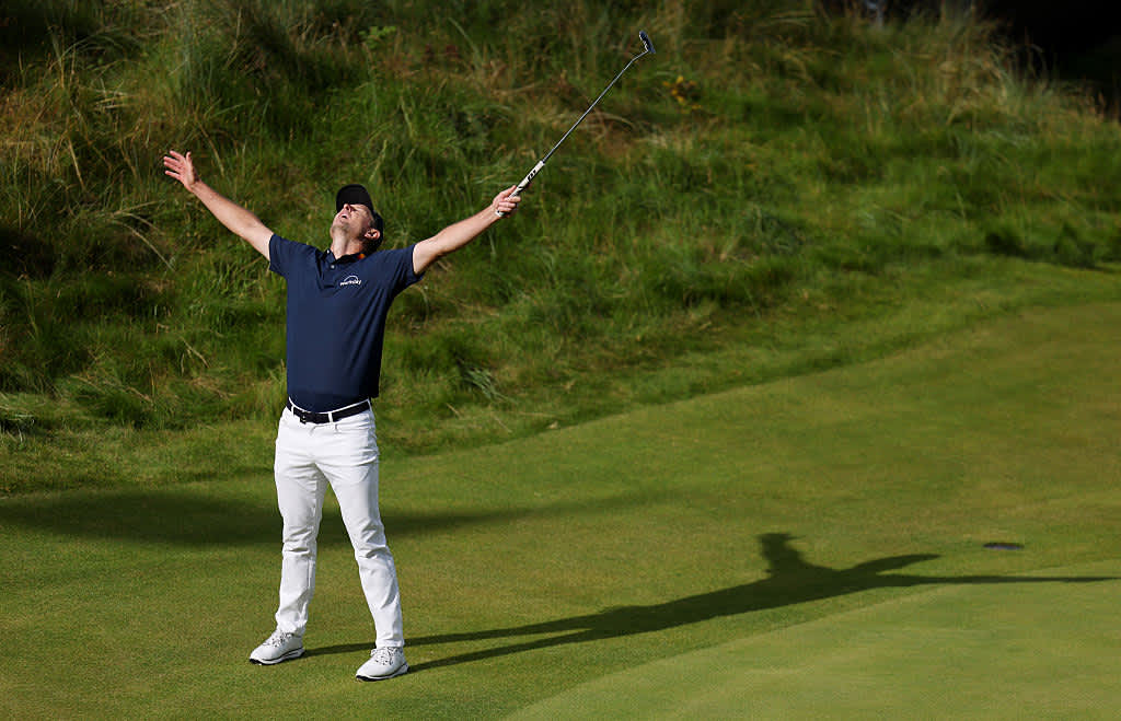 PORTRUSH, NORTHERN IRELAND - JULY 19: Justin Rose of England celebrates a birdie on the 18th green during Day Three of The 153rd Open Championship at Royal Portrush Golf Club on July 19, 2025 in Portrush, Northern Ireland. (Photo by Andrew Redington/Getty Images)
