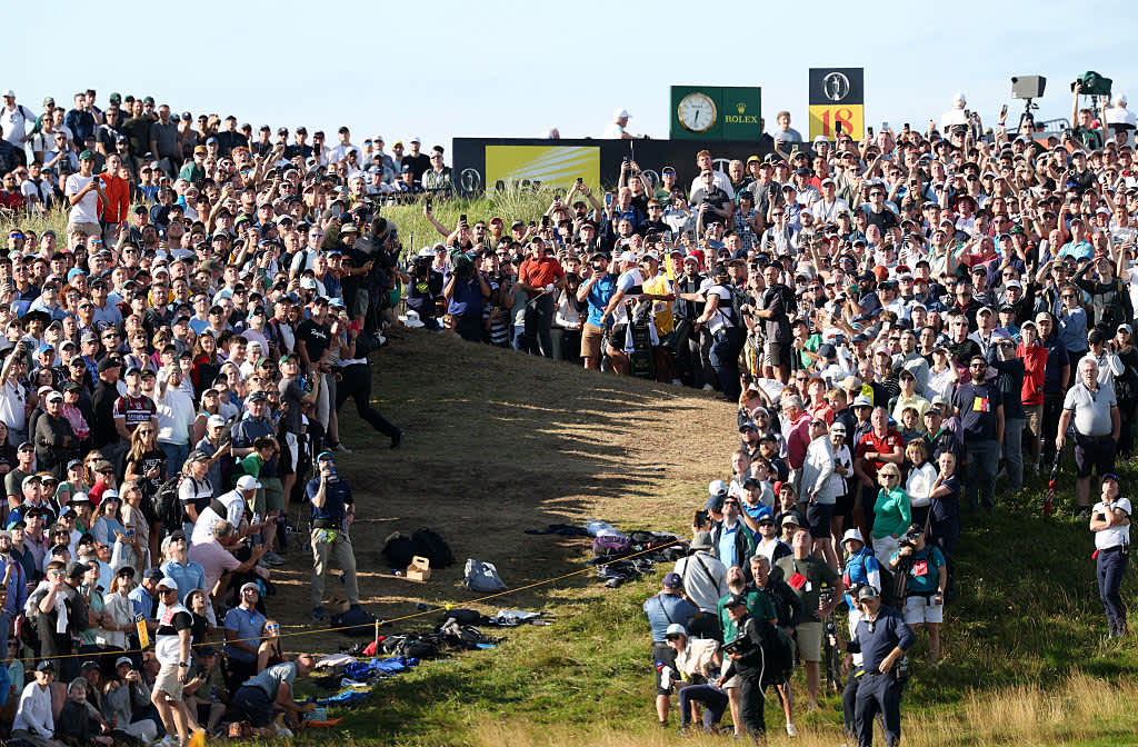 PORTRUSH, NORTHERN IRELAND - JULY 19: Rory McIlroy of Northern Ireland plays into the 17th green from the crowd during Day Three of The 153rd Open Championship at Royal Portrush Golf Club on July 19, 2025 in Portrush, Northern Ireland. (Photo by Richard Heathcote/Getty Images)