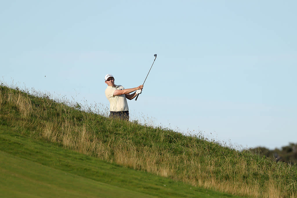 PORTRUSH, NORTHERN IRELAND - JULY 19: Matt Fitzpatrick of England plays into the 17th green during Day Three of The 153rd Open Championship at Royal Portrush Golf Club on July 19, 2025 in Portrush, Northern Ireland. (Photo by Richard Heathcote/Getty Images)