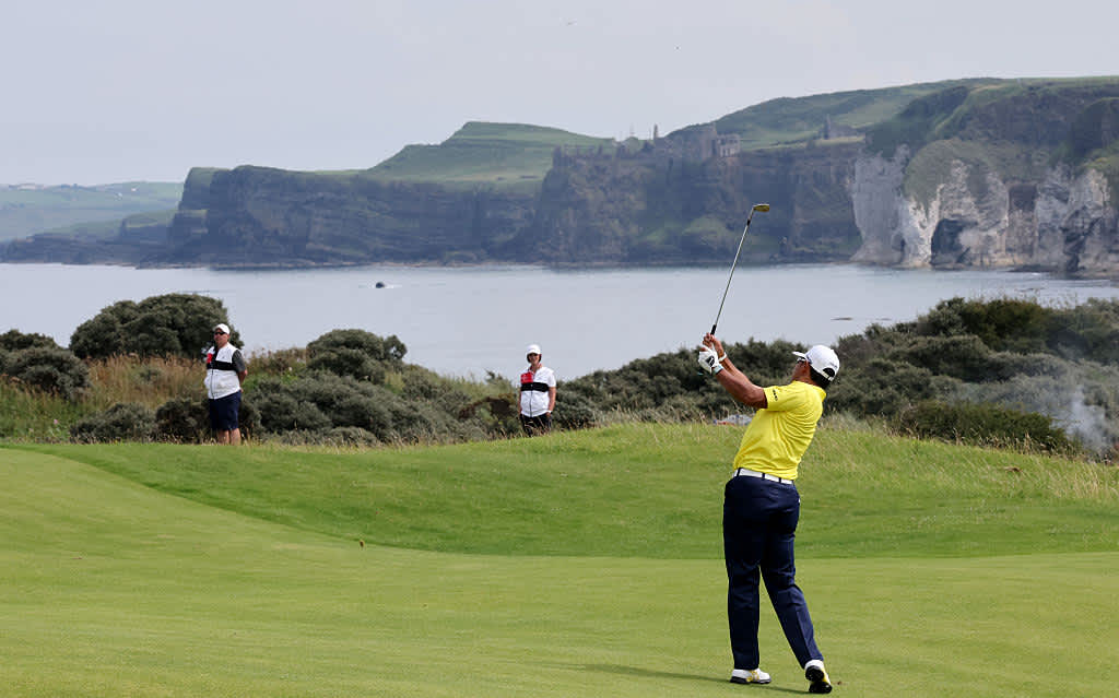 PORTRUSH, NORTHERN IRELAND - JULY 20: Hideki Matsuyama of Japan plays his second shot on the fifth hole during day four of The 153rd Open Championship at Royal Portrush Golf Club on July 20, 2025 in Portrush, Northern Ireland. (Photo by Christian Petersen/Getty Images)