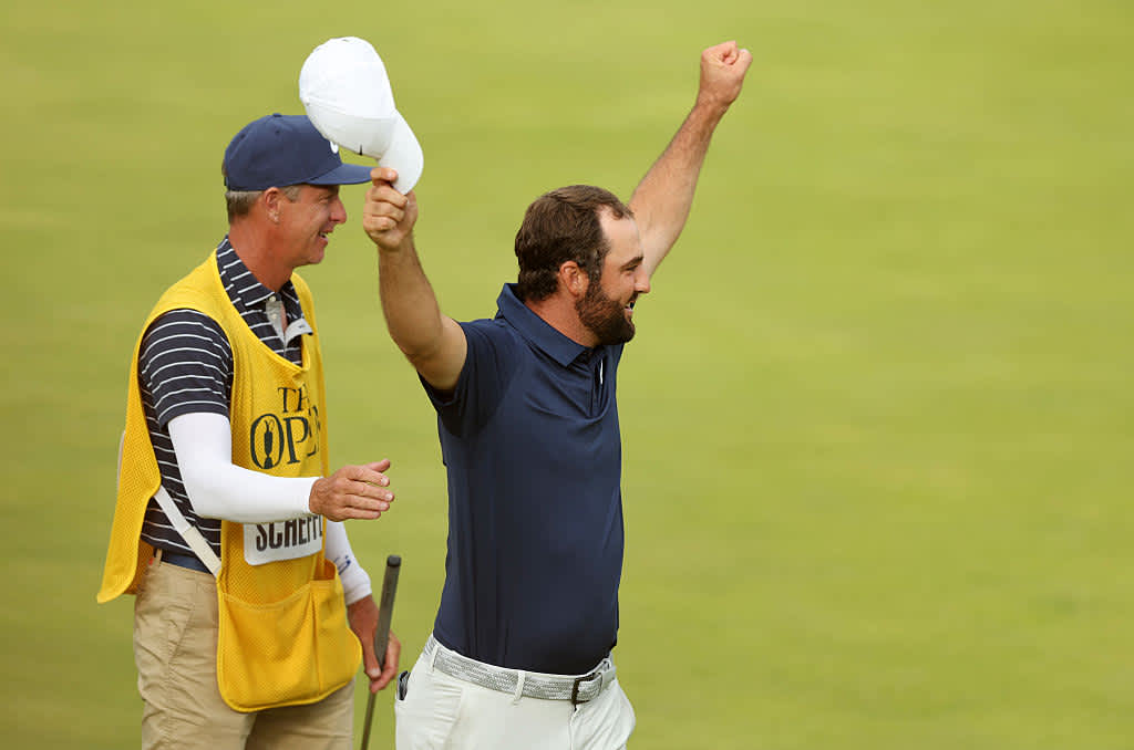 PORTRUSH, NORTHERN IRELAND - JULY 20: Scottie Scheffler of the United States celebrates on the 18th green after winning The 153rd Open Championship at Royal Portrush Golf Club on July 20, 2025 in Portrush, Northern Ireland. (Photo by Luke Walker/Getty Images for HSBC)